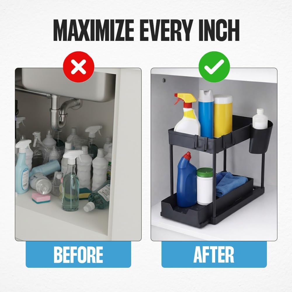 Undersink Organizer, 2-Tier Under Sink Storage Rack with Sliding Drawers for Kitchen Bathroom Cabinets, Pull Out Organizer for Pantry, Laundry Room & Closet Organization - 1 Pack, Black - Image 5