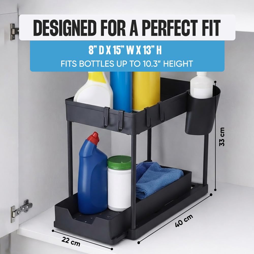 Undersink Organizer, 2-Tier Under Sink Storage Rack with Sliding Drawers for Kitchen Bathroom Cabinets, Pull Out Organizer for Pantry, Laundry Room & Closet Organization - 1 Pack, Black - Image 2