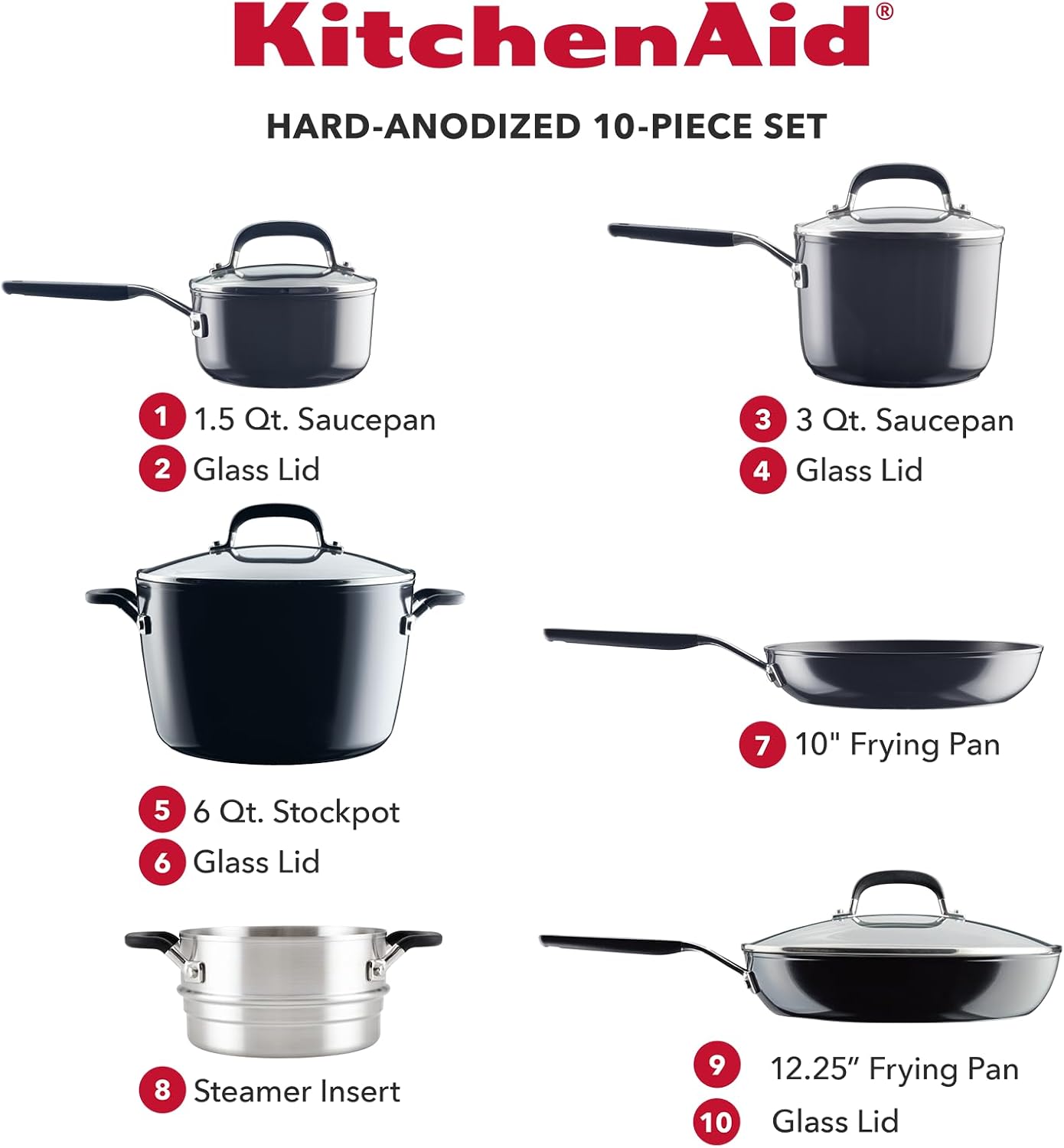 KitchenAid Hard Anodized Nonstick Cookware/Pots and Pans Set, 10 Piece - Matte Black - Image 2