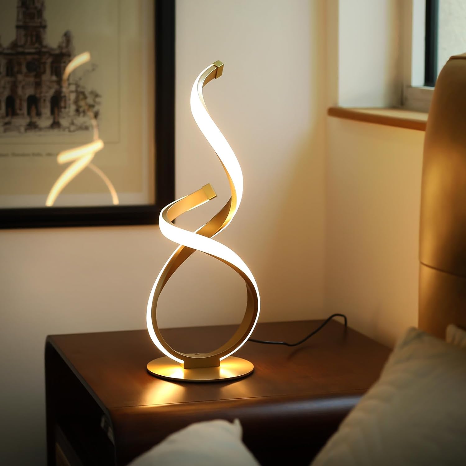 Bedside Table Lamp, LED Touch Dimmable Spiral Desk Lamp for Night Stands, 3 Color Temperature Modern Nightstand Light, Unique Side Light for Living Room, Bedroom, Gold - Image 5
