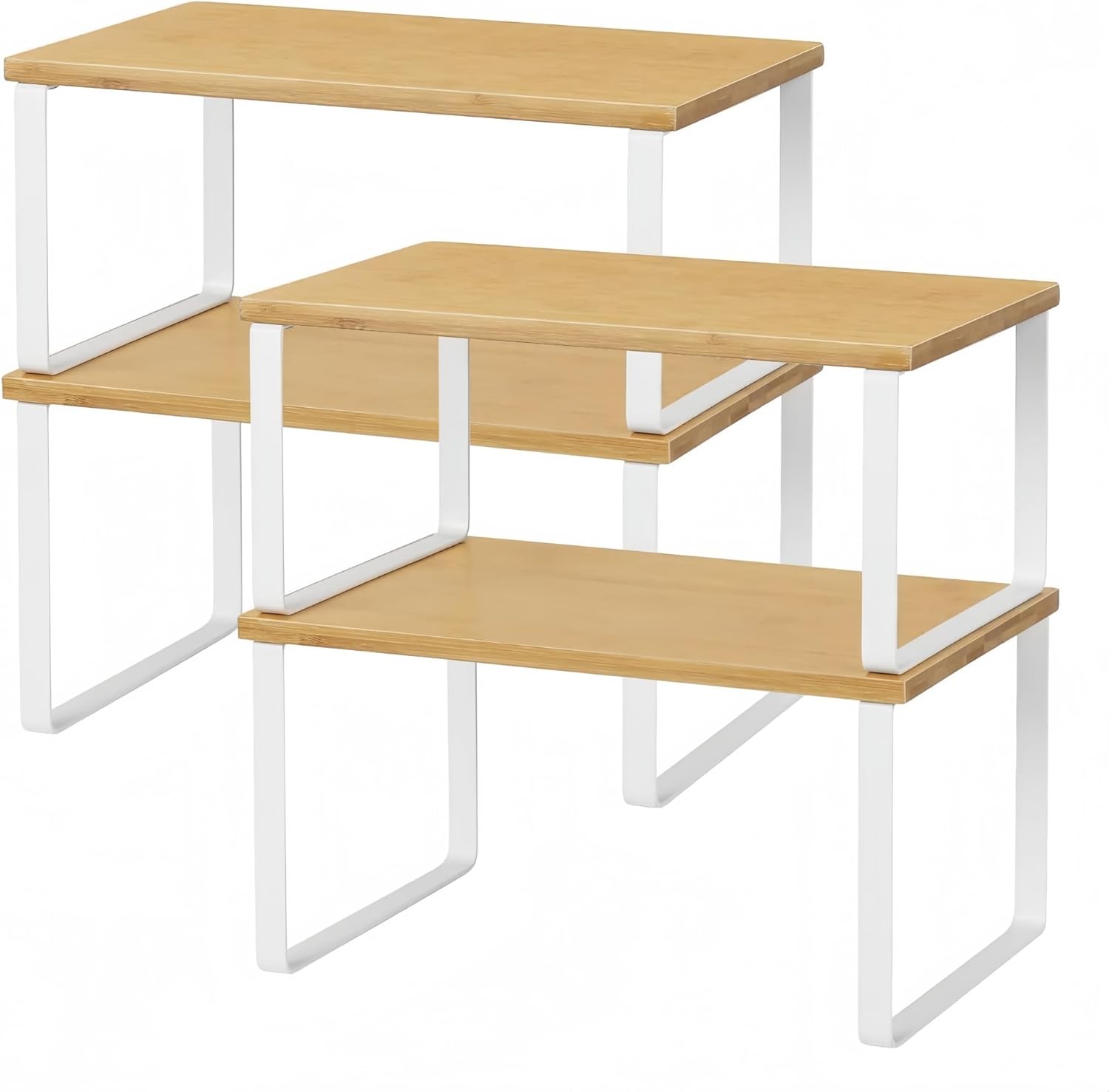 NEX Bamboo Kitchen Cabinet and Counter Shelf Organizer, Stackable & Expandable, Set of 4, White and Natural