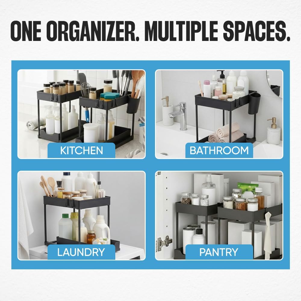Undersink Organizer, 2-Tier Under Sink Storage Rack with Sliding Drawers for Kitchen Bathroom Cabinets, Pull Out Organizer for Pantry, Laundry Room & Closet Organization - 1 Pack, Black - Image 7