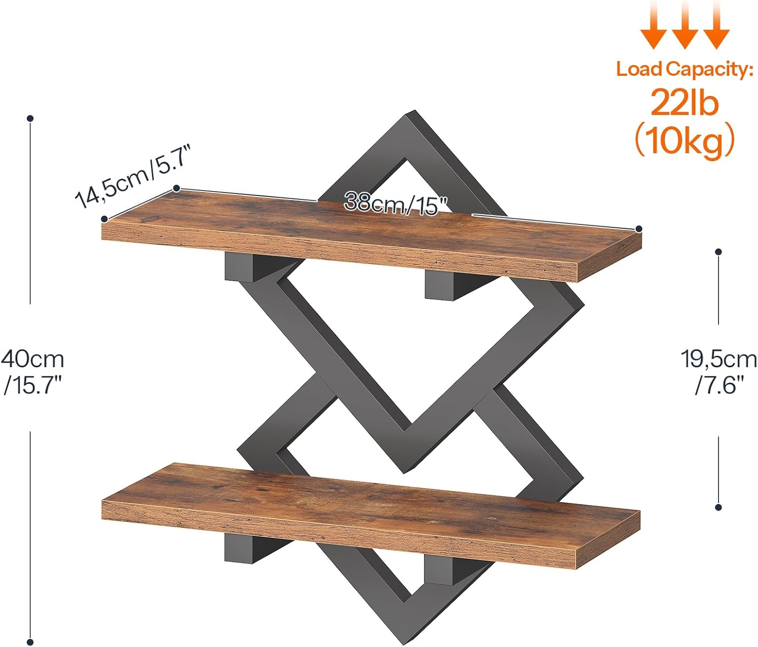 HOOBRO 15" Floating Shelves for Wall, Set of 2 Wall shelf, 2-Tier Hanging Shelves, Wall Mounted Storage Shelf, Display Rack, for Living Room Bedroom Kitchen Bathroom, Rustic Brown and Black BF14BJP201 - Image 2