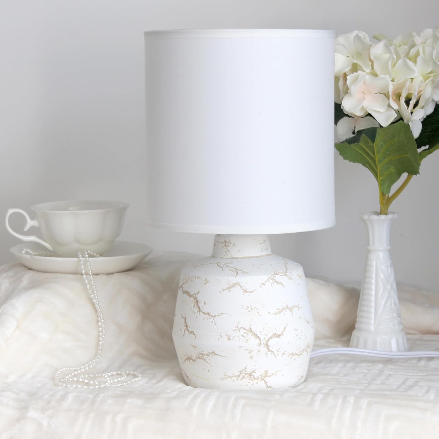 Simple Designs LT1171-OFF 13.78" Chic Glow Marble Inspired Concrete Table Lamp with Fabric Shade, for Bedroom, Office, Living Room, Compact Accent Lighting, Off White - Image 4