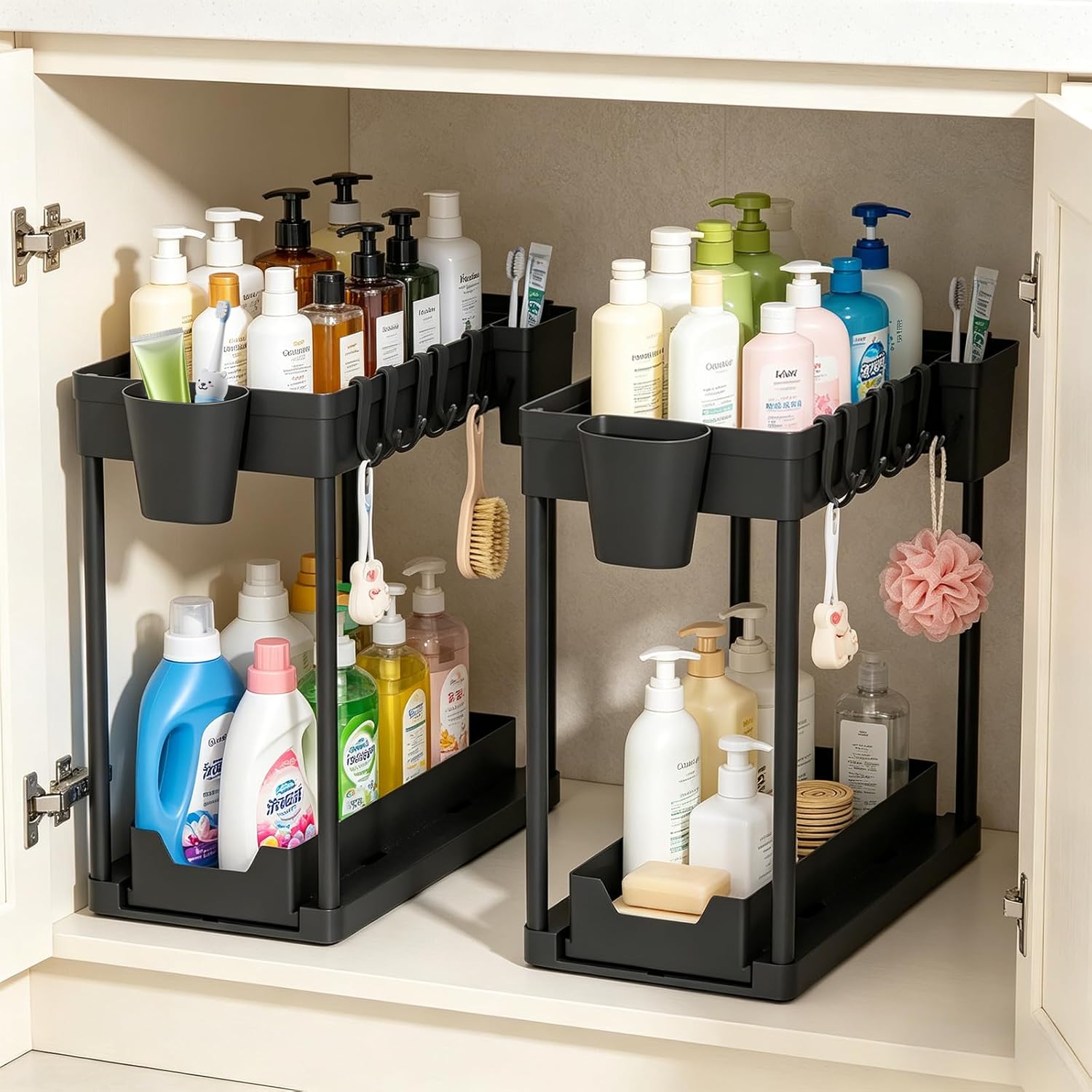 Under The Sink Organizer, 2 Tier Sliding Under Kitchen Sink Organizer, Multi-Use Pull Out Cabinet Organizer for Countertop, Bathroom, Pantry & Office Organization (Black(2 pack))