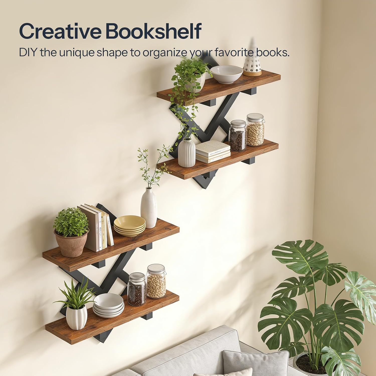 HOOBRO 15" Floating Shelves for Wall, Set of 2 Wall shelf, 2-Tier Hanging Shelves, Wall Mounted Storage Shelf, Display Rack, for Living Room Bedroom Kitchen Bathroom, Rustic Brown and Black BF14BJP201 - Image 3