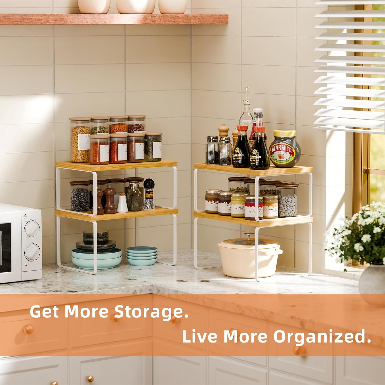 Ekisemio Kitchen Cabinet Organizer, Bamboo Spice Rack Organizer for Cabinet, Stackable & Expandable Counter Shelves, Set of 4, White and Natural - Image 8