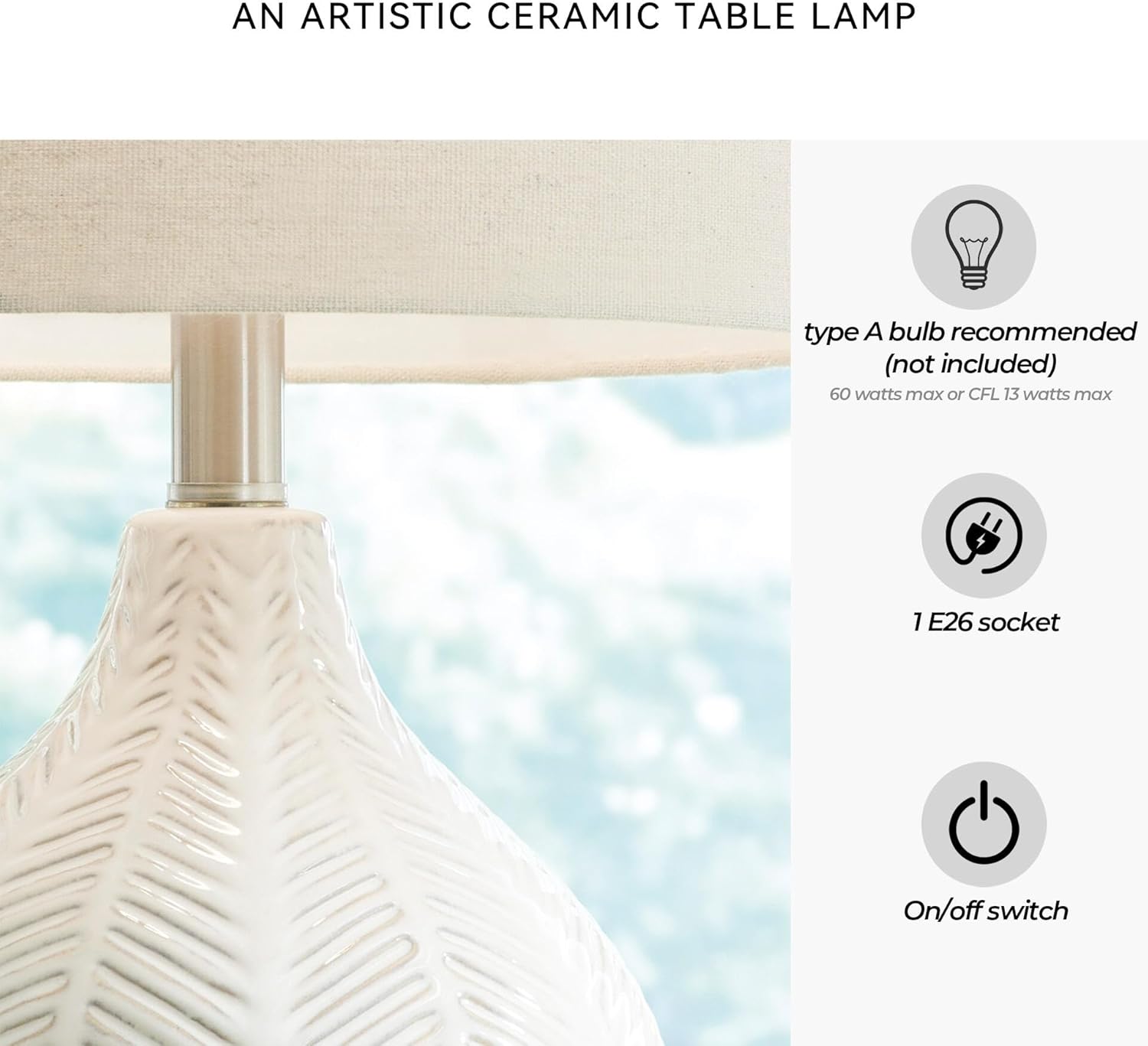 Signature Design by Ashley Rainermen Casual Ceramic Table Lamp, Transparent White Glaze Finish, Drum Hardback Fabric Shade, 11" W x 11" D x 21" H, Off White - Image 4
