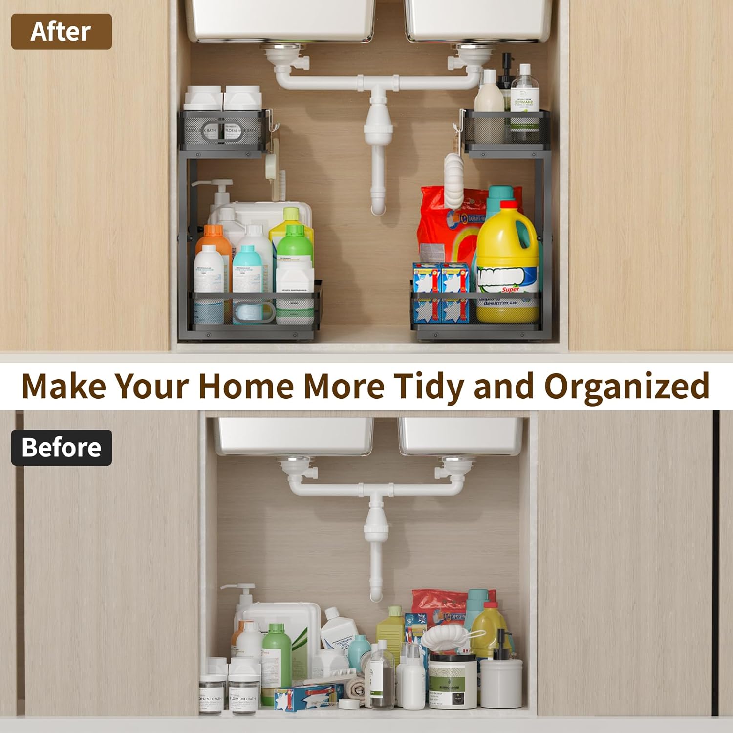 Under Sink Organizer 2 Pack, 2-Tier Slide Out Cabinet Organizer with Metal Sliding Drawer and Hooks, Pull Out Storage Baskets for Kitchen Bathroom Pantry Cabinet Organization (black) - Image 4