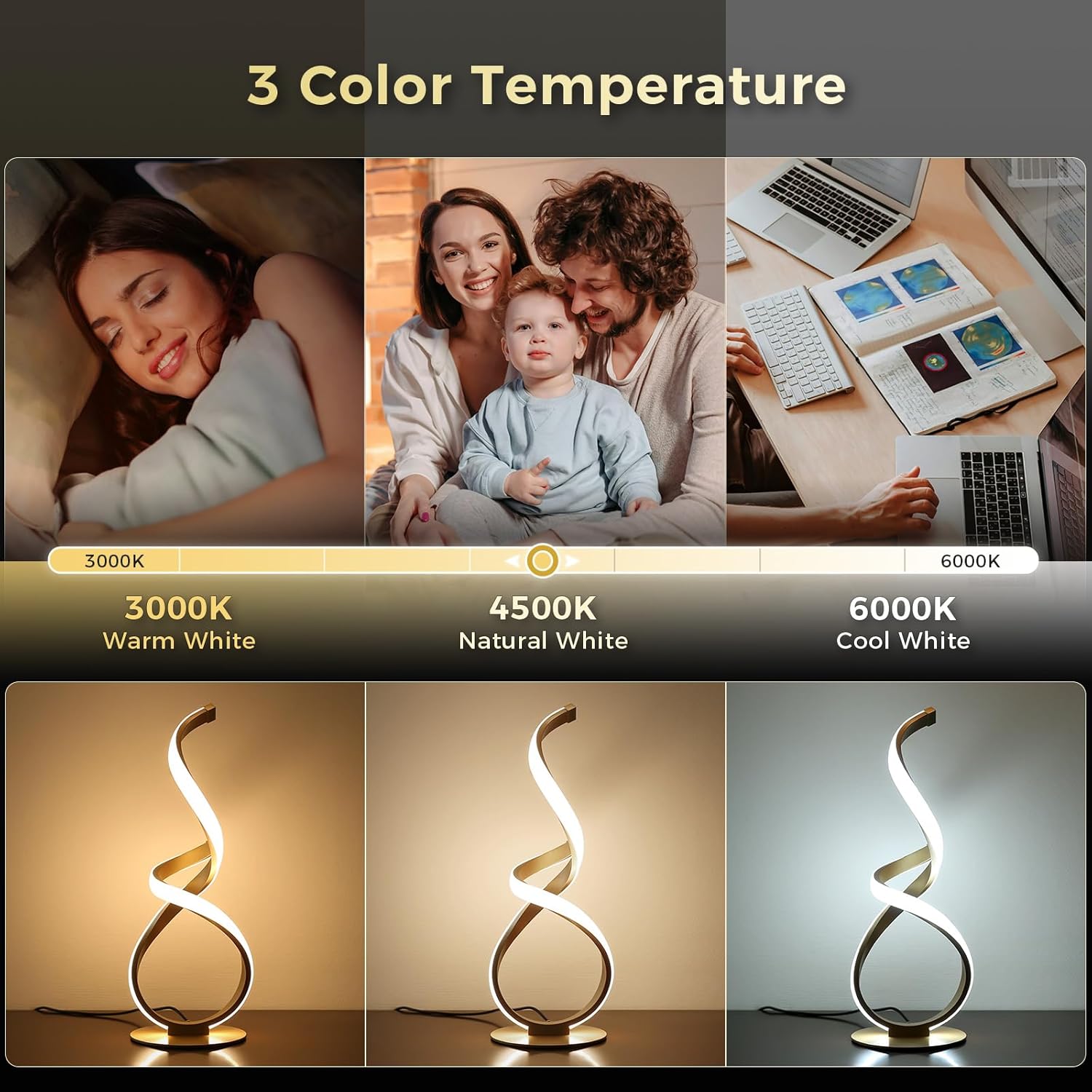 Bedside Table Lamp, LED Touch Dimmable Spiral Desk Lamp for Night Stands, 3 Color Temperature Modern Nightstand Light, Unique Side Light for Living Room, Bedroom, Gold - Image 2