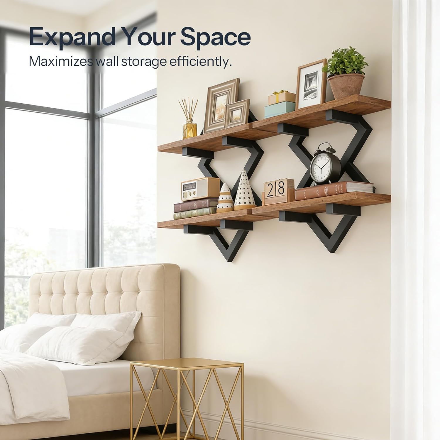 HOOBRO 15" Floating Shelves for Wall, Set of 2 Wall shelf, 2-Tier Hanging Shelves, Wall Mounted Storage Shelf, Display Rack, for Living Room Bedroom Kitchen Bathroom, Rustic Brown and Black BF14BJP201 - Image 6