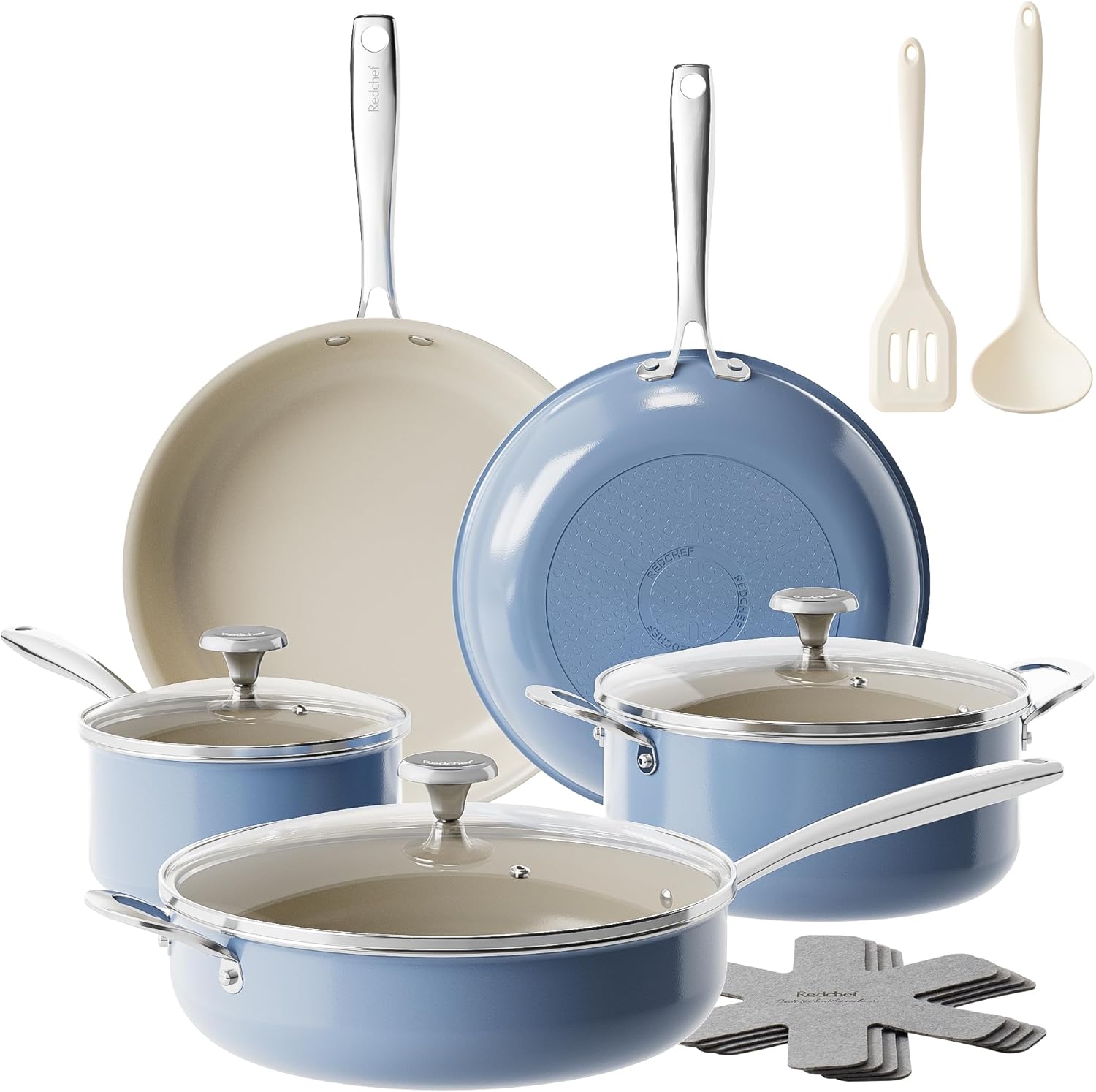 Redchef Ceramic Nonstick Cookware Set,14pcs Pots and Pans Set Non Stick,Induction Cookware with Stainless Steel Handle,Non Toxic Kitchen Cooking Set,Dishwasher & Oven Safe,PFAS PFOA & PTFE Free(Blue)