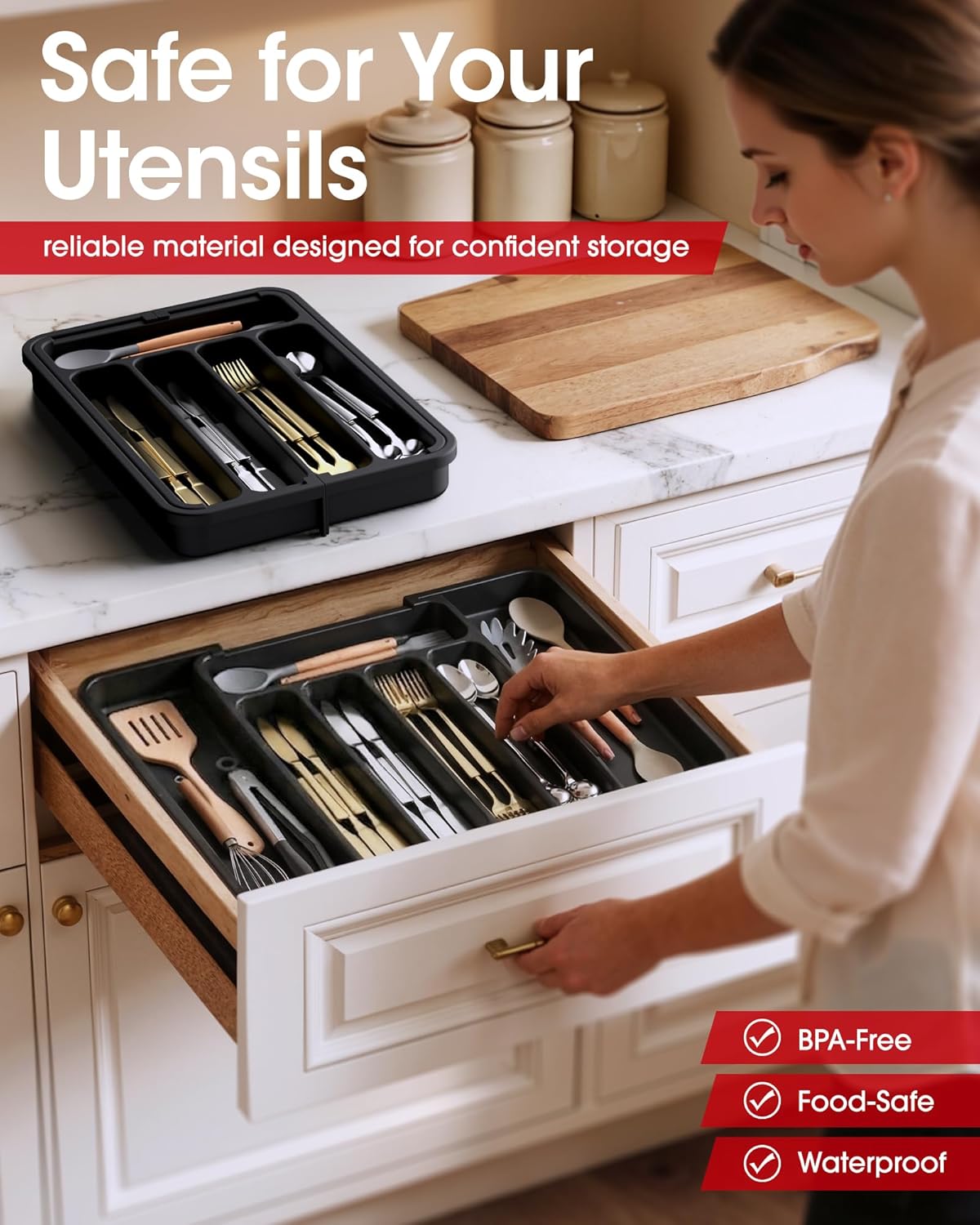 Aujen Silverware Organizer - Expandable Kitchen Drawer Organizer, Adjustable Utensil Organizer, Cutlery Tray for Forks, Knives, Multipurpose Kitchen Organizers and Storage Solution, Black, Medium - Image 3
