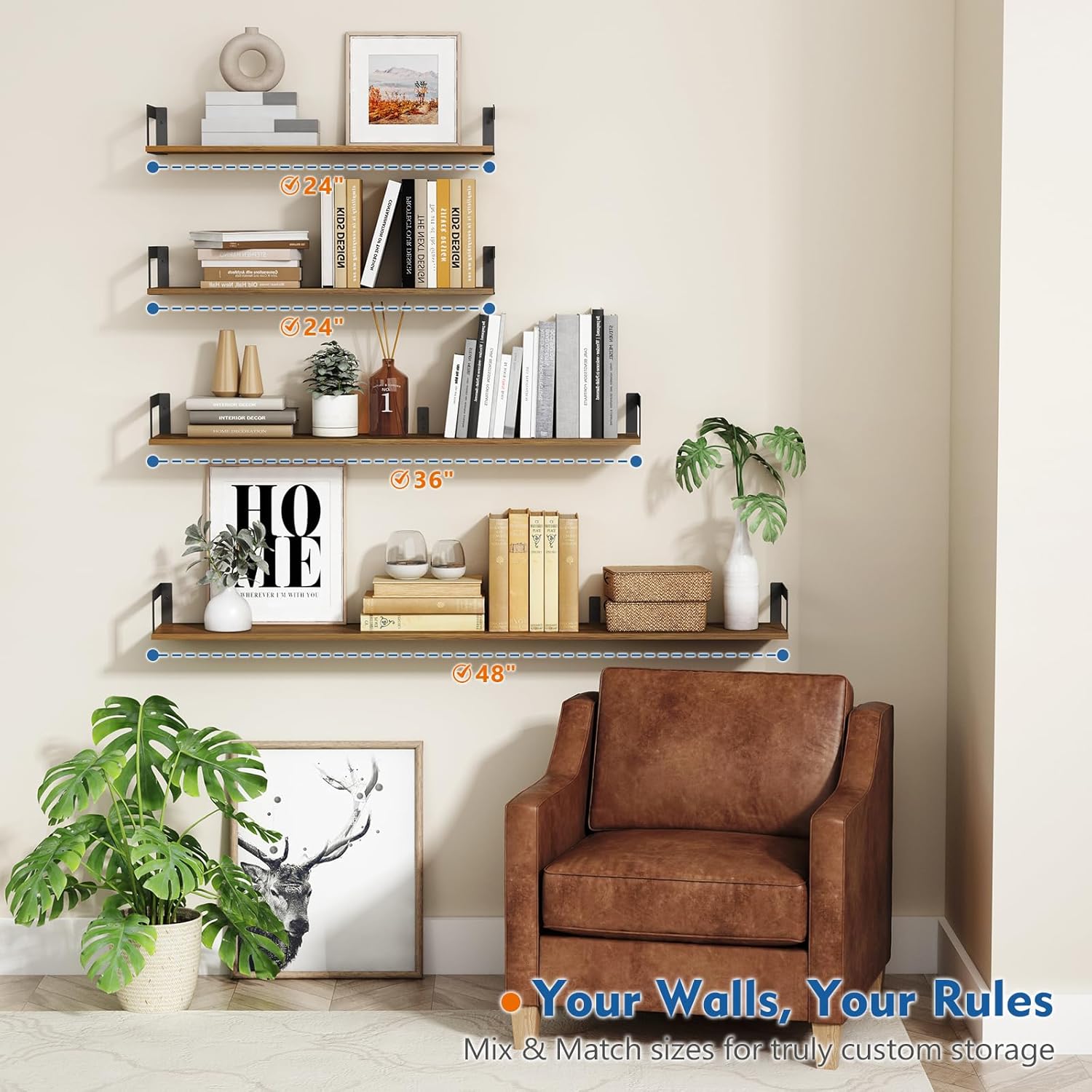 Harwaya Floating Book Shelves for Wall 3-Pack, 24 Inch Long Wall Mount Bookshelf for Bedroom, Rustic Farmhouse Wood Hanging Bookshelves for Living Room Office Books Plants (Dark Brown) - Image 3