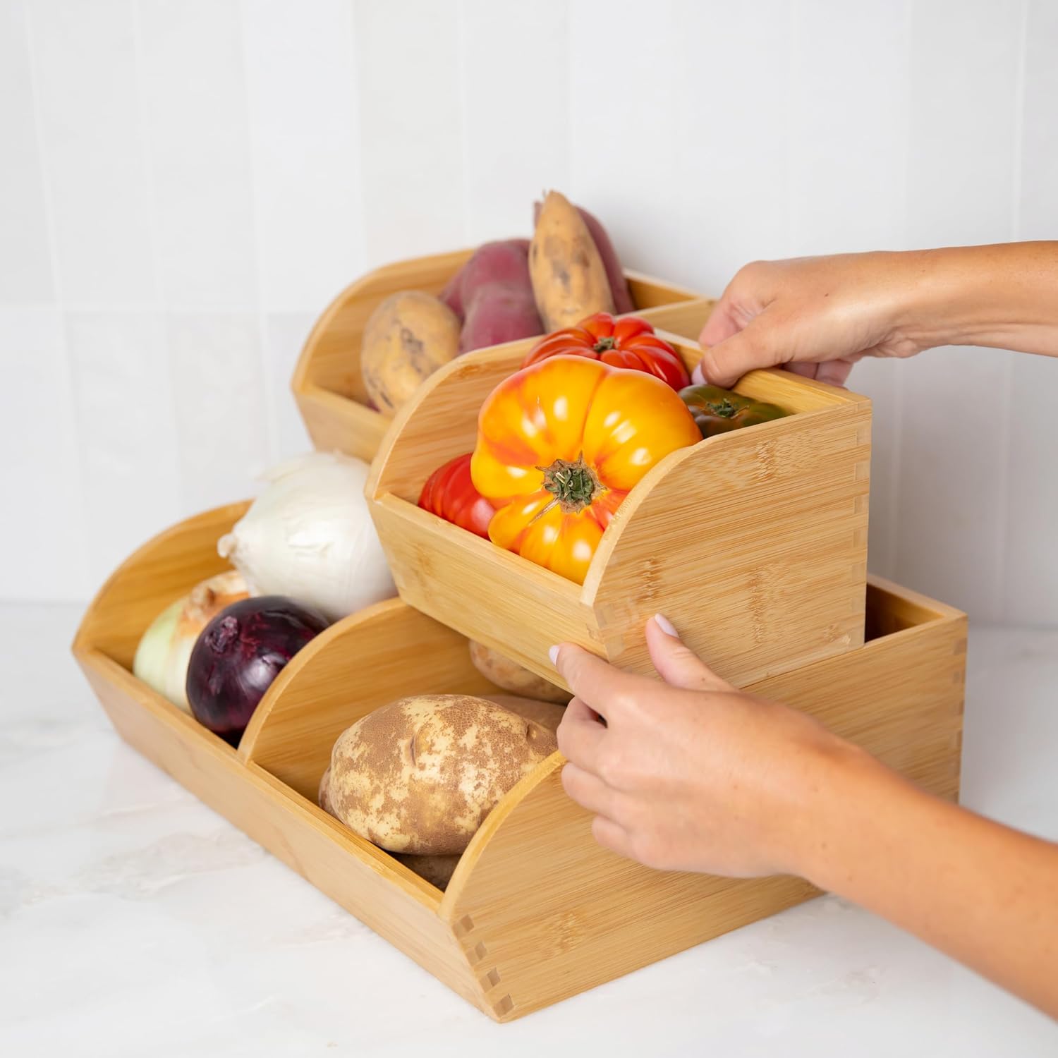 Potato and Onion Storage Bin for Pantry and Kitchen Counter - Ventilated Stackable Bamboo Organizer Baskets with Handles - Multipurpose Organization Containers for Fruit, Vegetable, Pantry - 3 Pack - Image 8