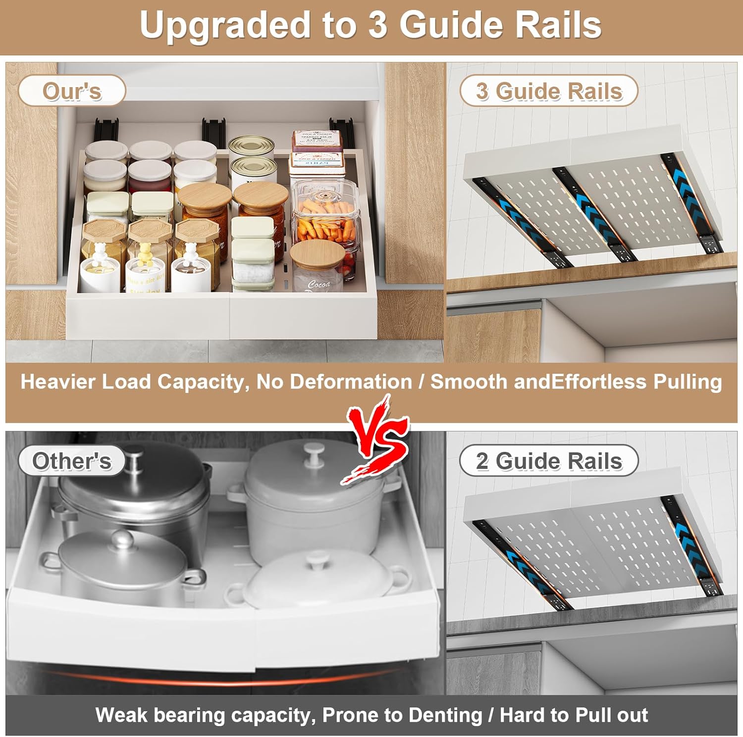 Pull out Cabinet Organizer,Width (14"-21") and Depth (17"-24") Expandable With 3 Rails,No Drill Adjustable Slide out Drawers for Kitchen,Pantry,Adhesive Roll out Shelves,for Cabinets Without Lip,White - Image 4