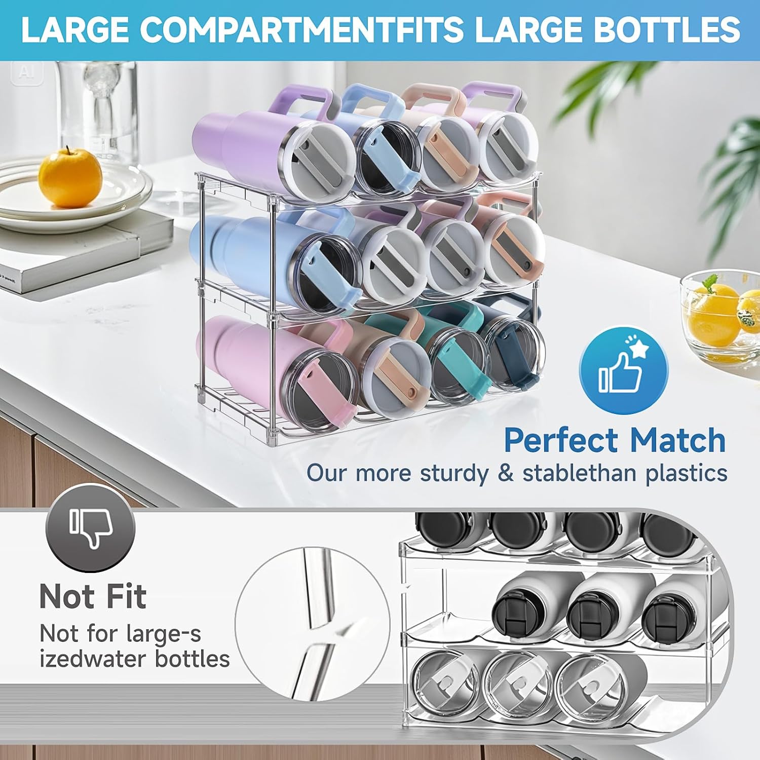 Larger Water Bottle Organizer for Stanley 40 oz Tumbler, Stackable Water Bottle Holder Rack for Cabinet, Kitchen Storage Organizer for for Stanley Cup Accessories, Tumbler Storage Holder, 3 Pack - Image 4