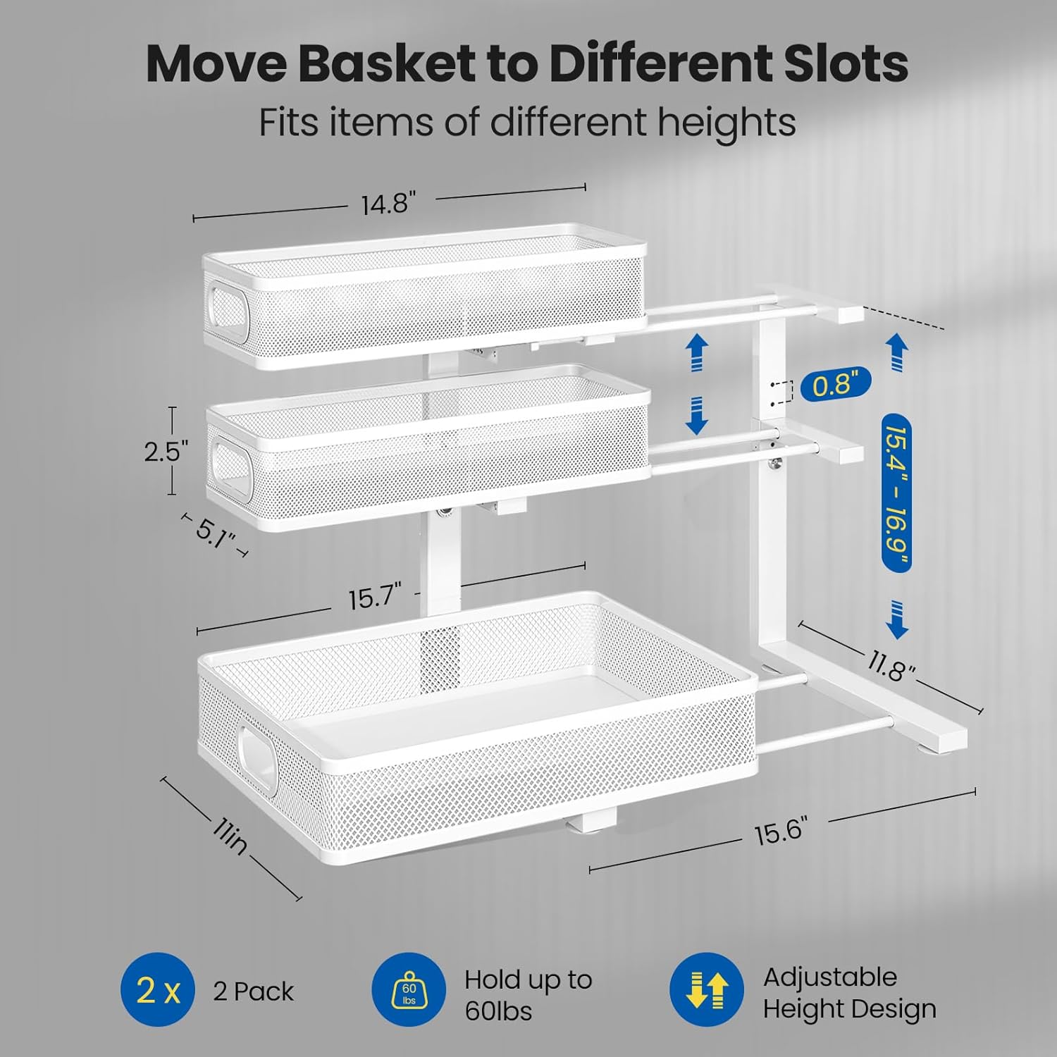 Under Sink Organizer, 3-Tier Pull Out Cabinet Organizer with Drawer Stops, Height Adjustable Slide Out Storage Rack for Kitchen Bathroom Pantry Laundry Room Organization, 2 Pack - Image 3