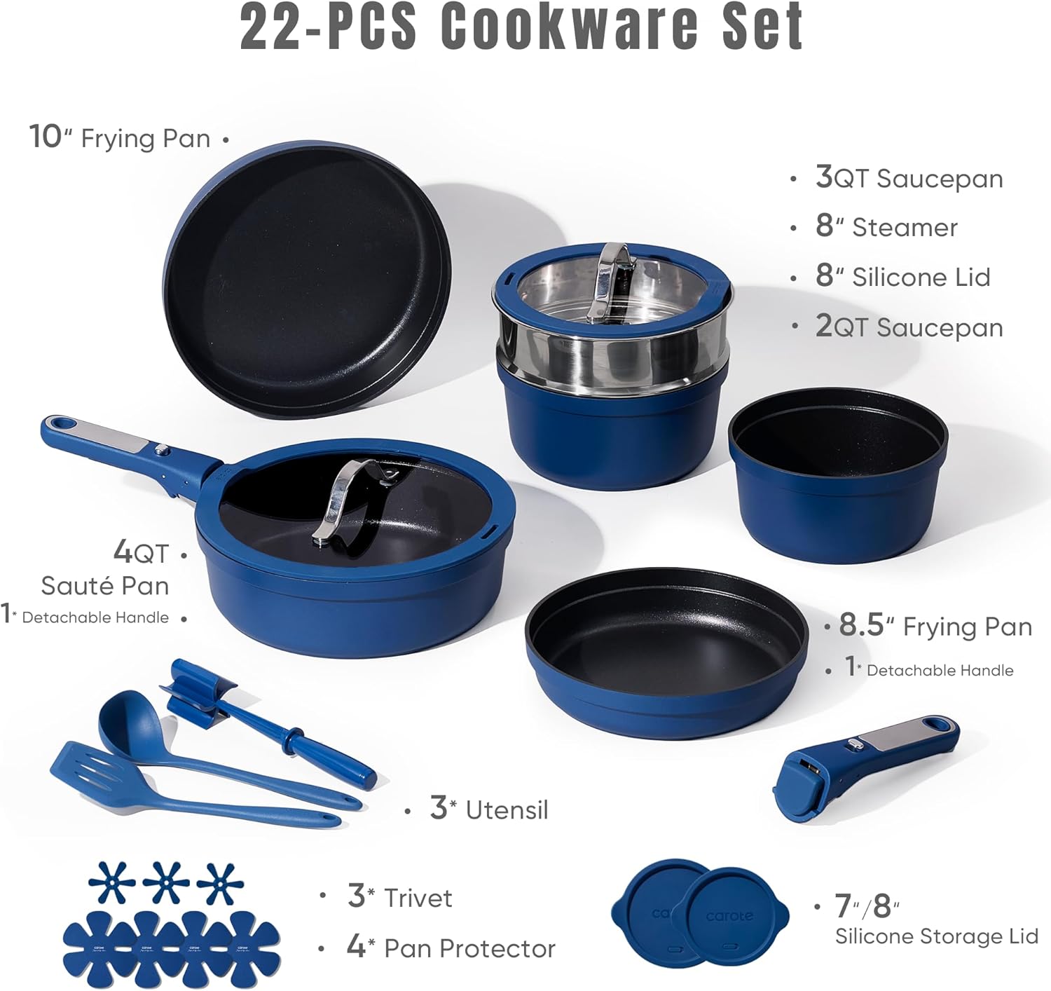 CAROTE 22pcs Pots and Pans Set Non Stick, Nonstick Cookware Set, Dishwasher/Oven/Fridge Safe Pots and Pans, Removable Handle RV Oven Safe Cookware, Induction Kitchen Set, Blue - Image 2
