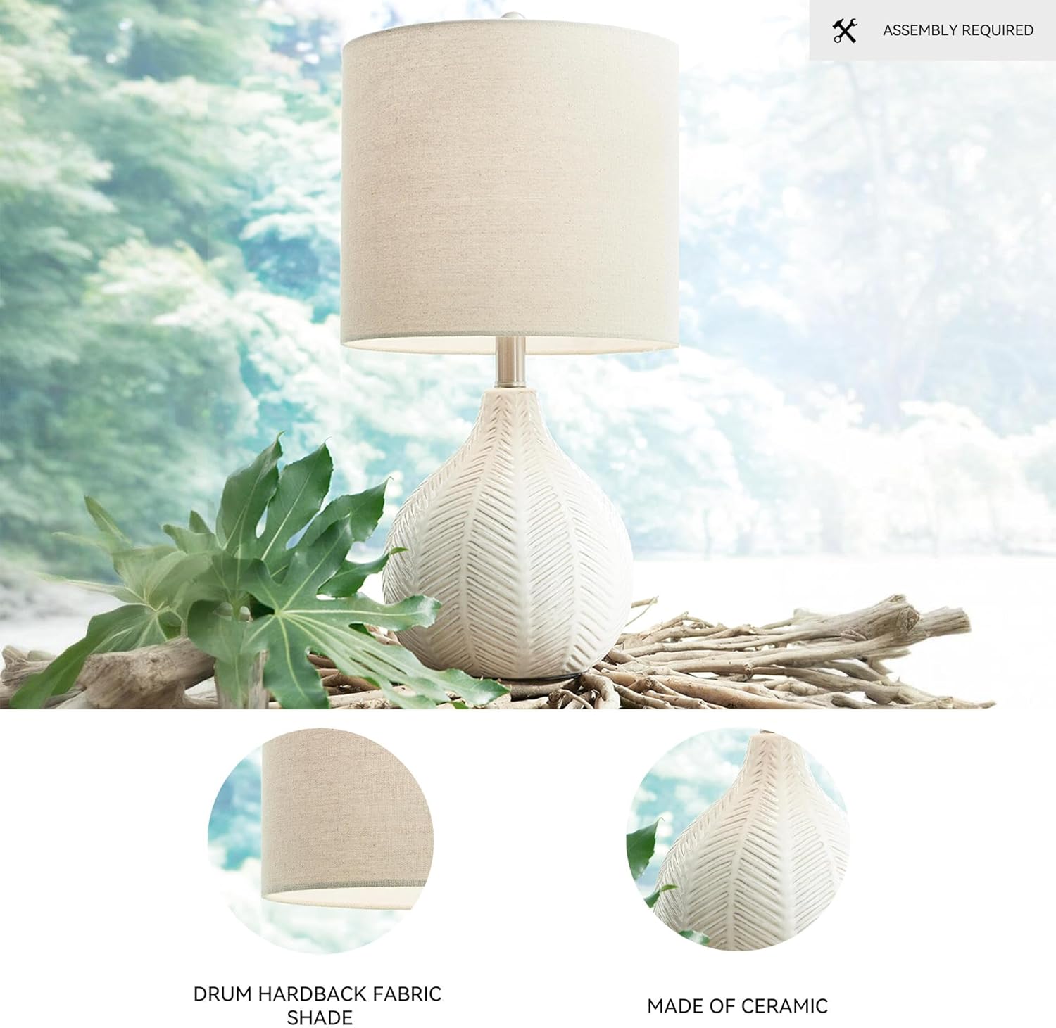 Signature Design by Ashley Rainermen Casual Ceramic Table Lamp, Transparent White Glaze Finish, Drum Hardback Fabric Shade, 11" W x 11" D x 21" H, Off White - Image 3