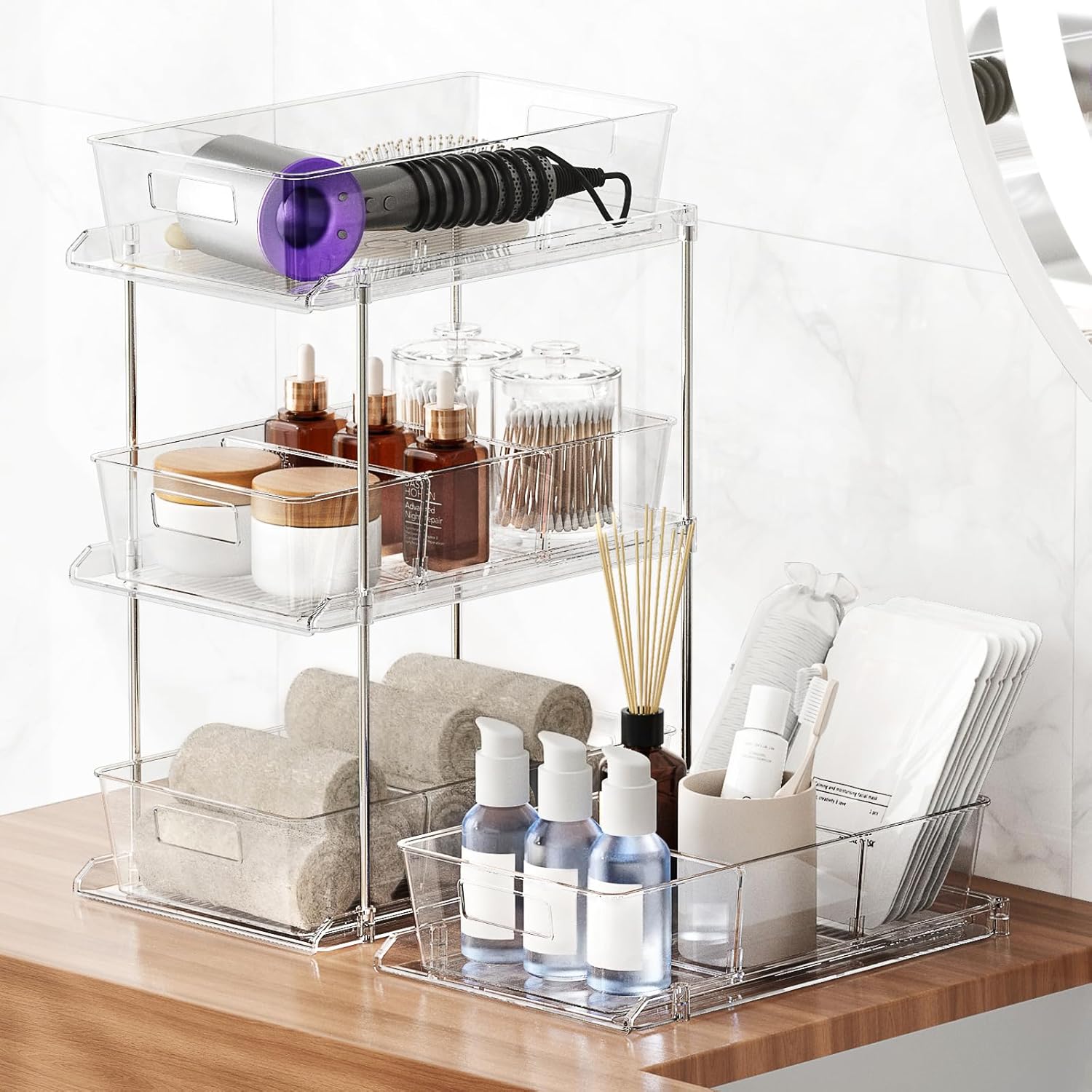 Fabspace Pull-out Home Organizer, 2 Pack 2 Tier Clear Bathroom Organizer with Dividers, Multipurpose Vanity Counter Tray, Kitchen, Closet Organizers, Cabinet & Storage Container Bins - Image 5