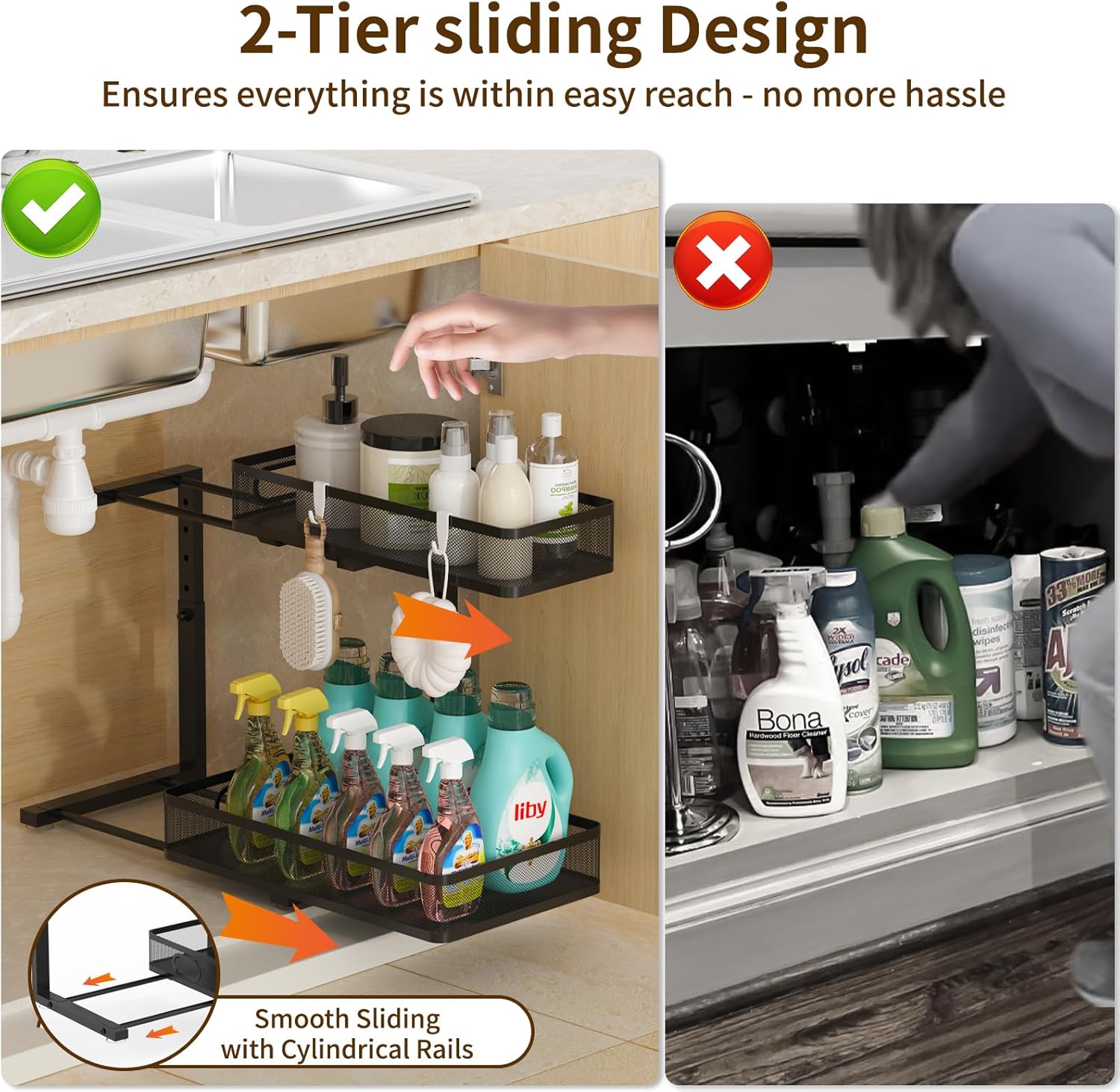 Under Sink Organizer 2 Pack, 2-Tier Slide Out Cabinet Organizer with Metal Sliding Drawer and Hooks, Pull Out Storage Baskets for Kitchen Bathroom Pantry Cabinet Organization (black) - Image 8