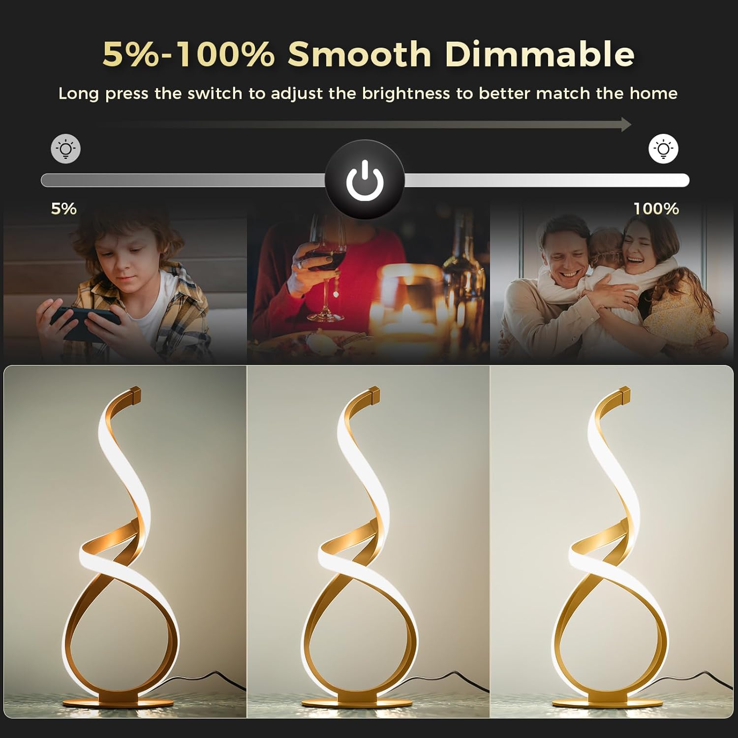 Bedside Table Lamp, LED Touch Dimmable Spiral Desk Lamp for Night Stands, 3 Color Temperature Modern Nightstand Light, Unique Side Light for Living Room, Bedroom, Gold - Image 3