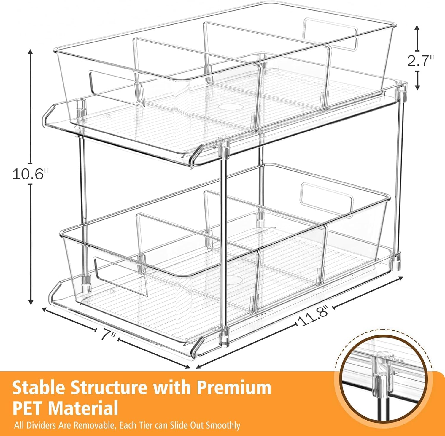 Fabspace Pull-out Home Organizer, 2 Pack 2 Tier Clear Bathroom Organizer with Dividers, Multipurpose Vanity Counter Tray, Kitchen, Closet Organizers, Cabinet & Storage Container Bins - Image 2