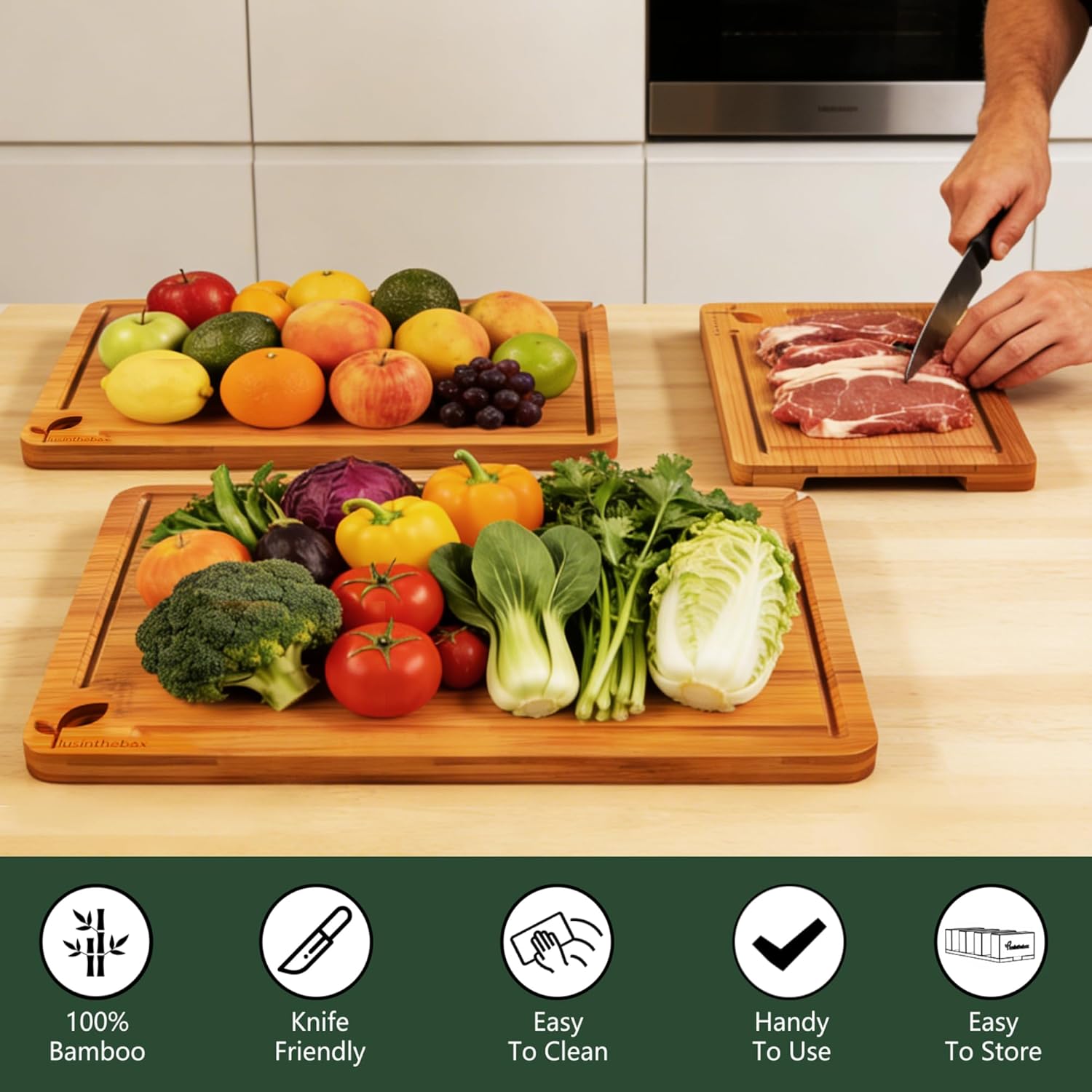 Cutting Boards for Kitchen, Bamboo Cutting Board Set of 3 with Storage Stand, Deep Carbonized Chopping Boards with Deep Juice Grooves and Side Handles for Meat, Vegetables, Fruit and Meal Prep - Image 7