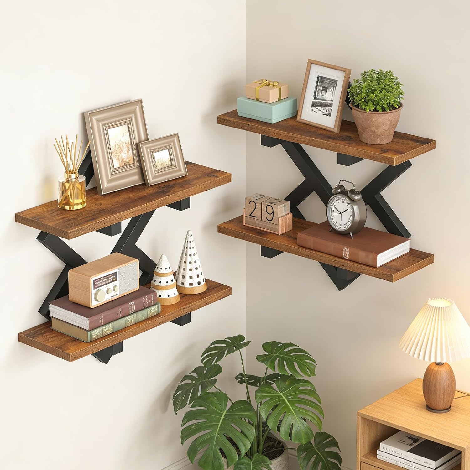 HOOBRO 15" Floating Shelves for Wall, Set of 2 Wall shelf, 2-Tier Hanging Shelves, Wall Mounted Storage Shelf, Display Rack, for Living Room Bedroom Kitchen Bathroom, Rustic Brown and Black BF14BJP201 - Image 9