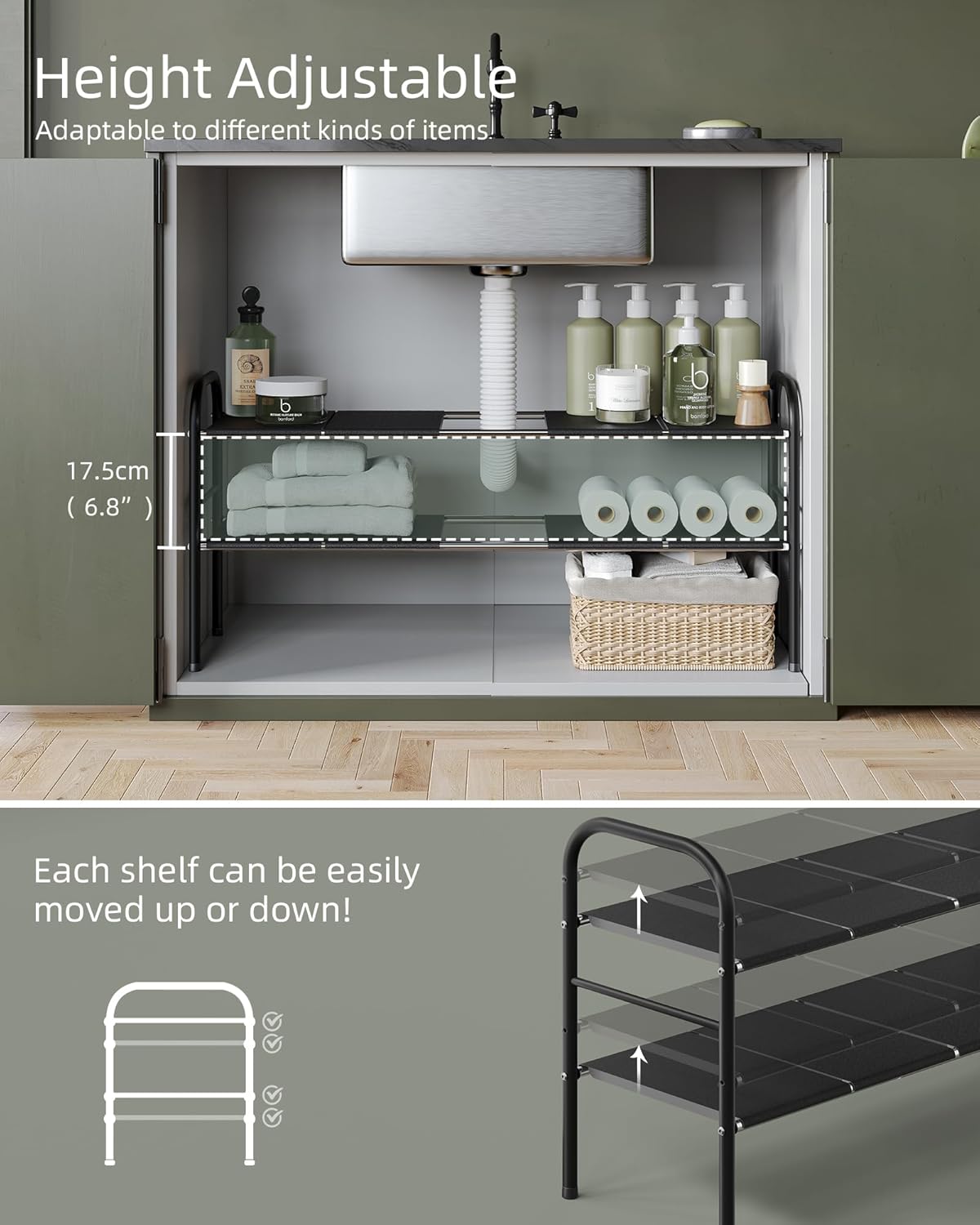 NETEL Under Sink Organizers and Storage, 2 Tier Expandable Under Cabinet Organizer Shelf with 8 Removable Panels,Expandable Shelf for Cupboard,Kitchen,Bathroom,Shoe Storage Rack - Image 5