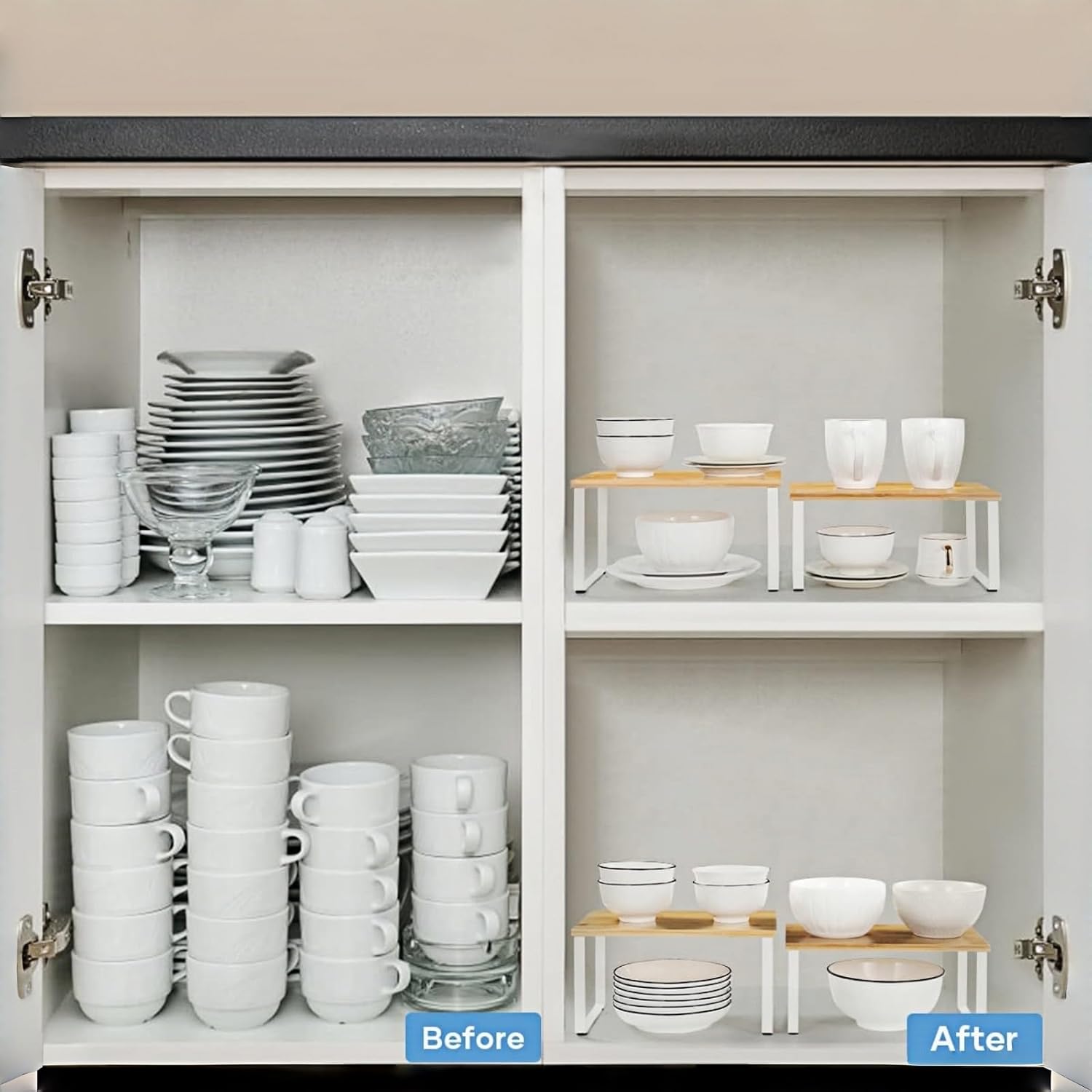 NEX Bamboo Kitchen Cabinet and Counter Shelf Organizer, Stackable & Expandable, Set of 4, White and Natural - Image 5