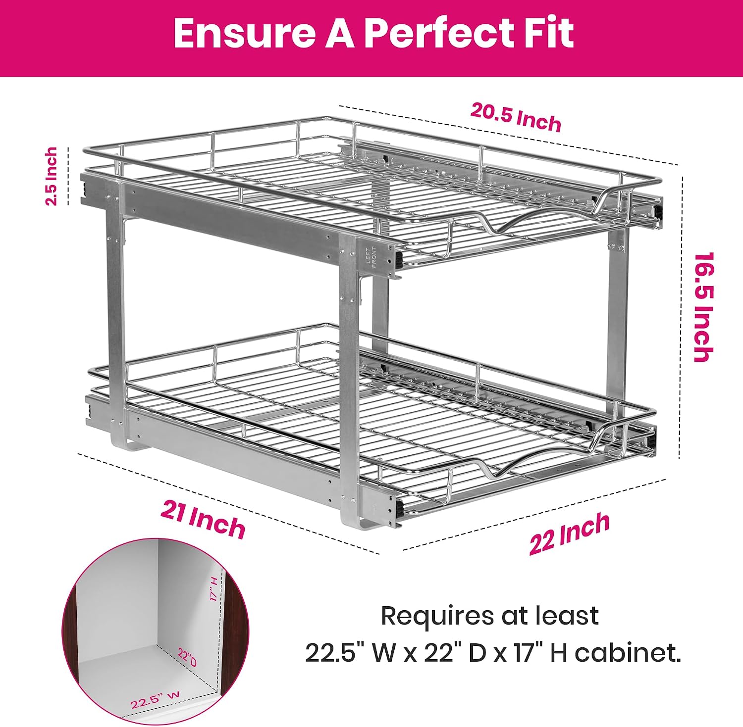 2-Tier Pull-Out Cabinet Organizer with Heavy-Duty Steel Frame, Full-Extension Sliding Shelves, Holds 100 lbs, Easy Install for Kitchen, Pantry & Under Sink Cabinets, 22" W x 21”D x 16.5" H - Image 3