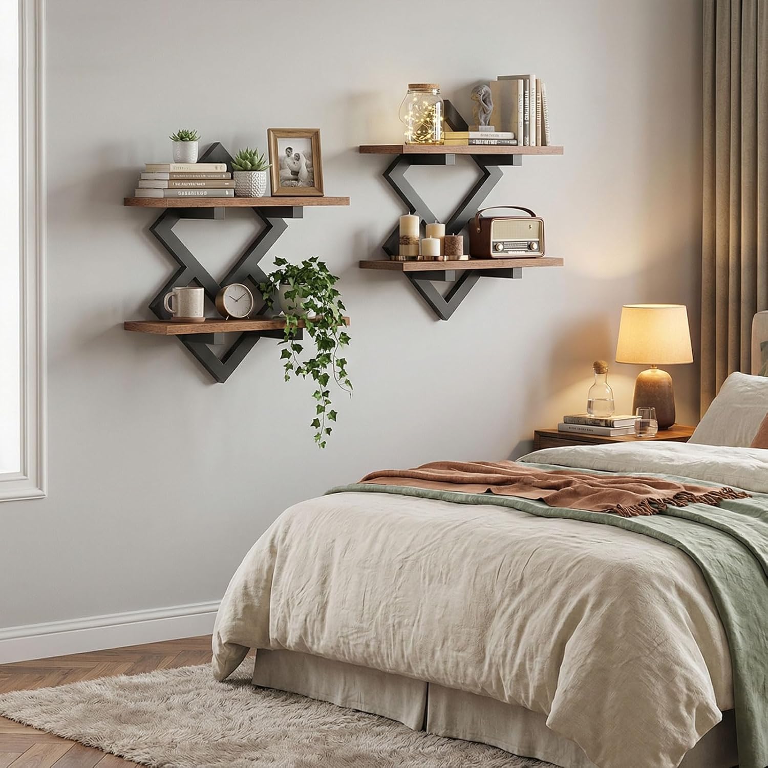 HOOBRO 15" Floating Shelves for Wall, Set of 2 Wall shelf, 2-Tier Hanging Shelves, Wall Mounted Storage Shelf, Display Rack, for Living Room Bedroom Kitchen Bathroom, Rustic Brown and Black BF14BJP201 - Image 5