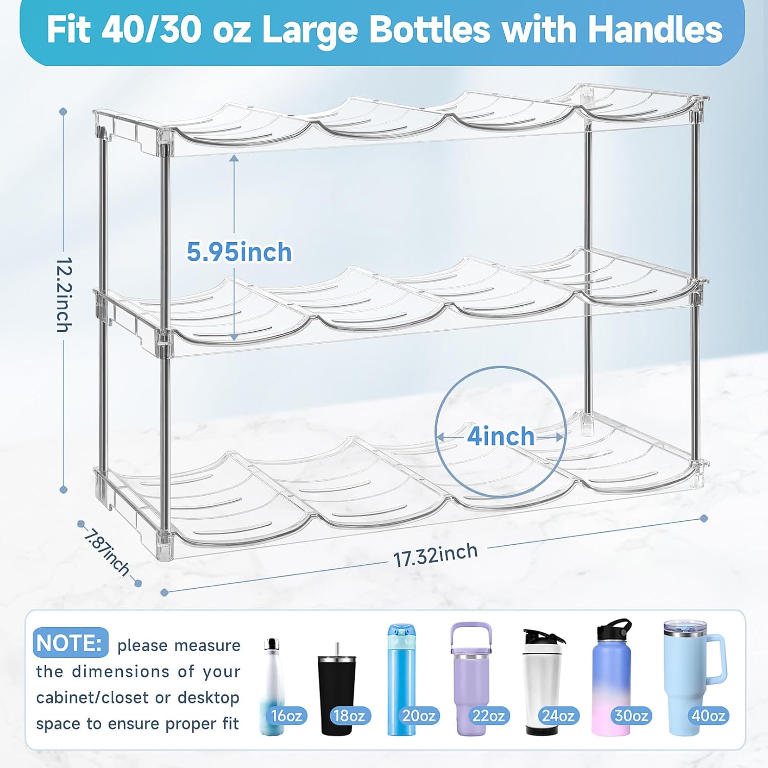 Larger Water Bottle Organizer for Stanley 40 oz Tumbler, Stackable Water Bottle Holder Rack for Cabinet, Kitchen Storage Organizer for for Stanley Cup Accessories, Tumbler Storage Holder, 3 Pack - Image 3
