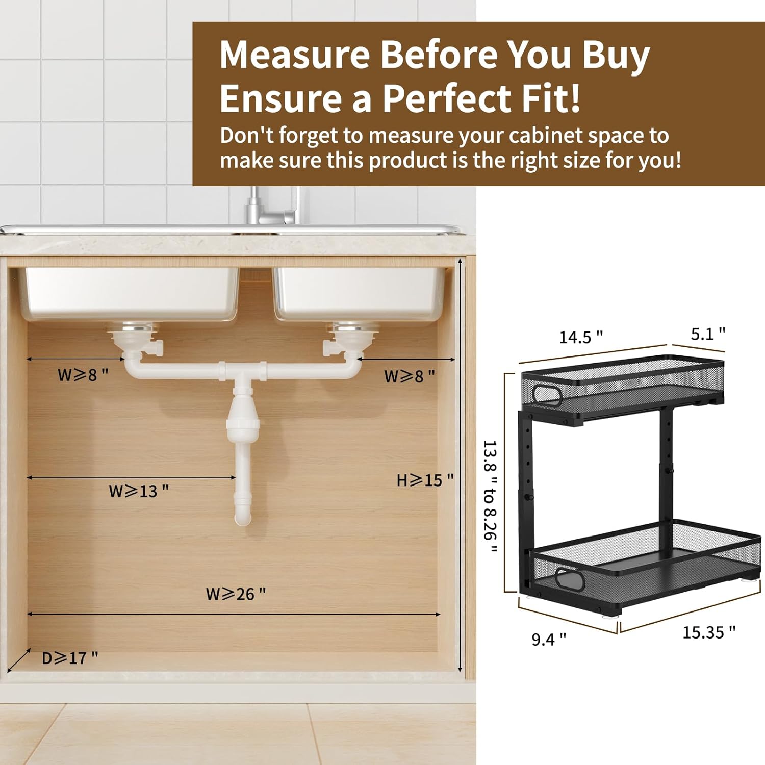 Under Sink Organizer 2 Pack, 2-Tier Slide Out Cabinet Organizer with Metal Sliding Drawer and Hooks, Pull Out Storage Baskets for Kitchen Bathroom Pantry Cabinet Organization (black) - Image 2