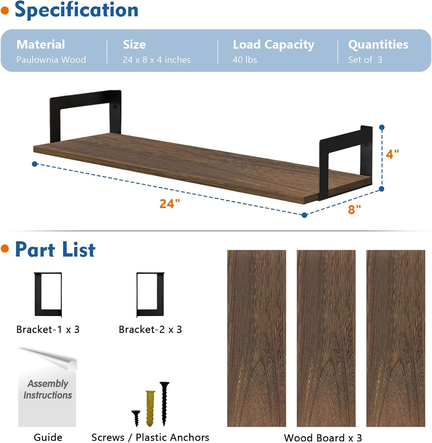 Harwaya Floating Book Shelves for Wall 3-Pack, 24 Inch Long Wall Mount Bookshelf for Bedroom, Rustic Farmhouse Wood Hanging Bookshelves for Living Room Office Books Plants (Dark Brown) - Image 2