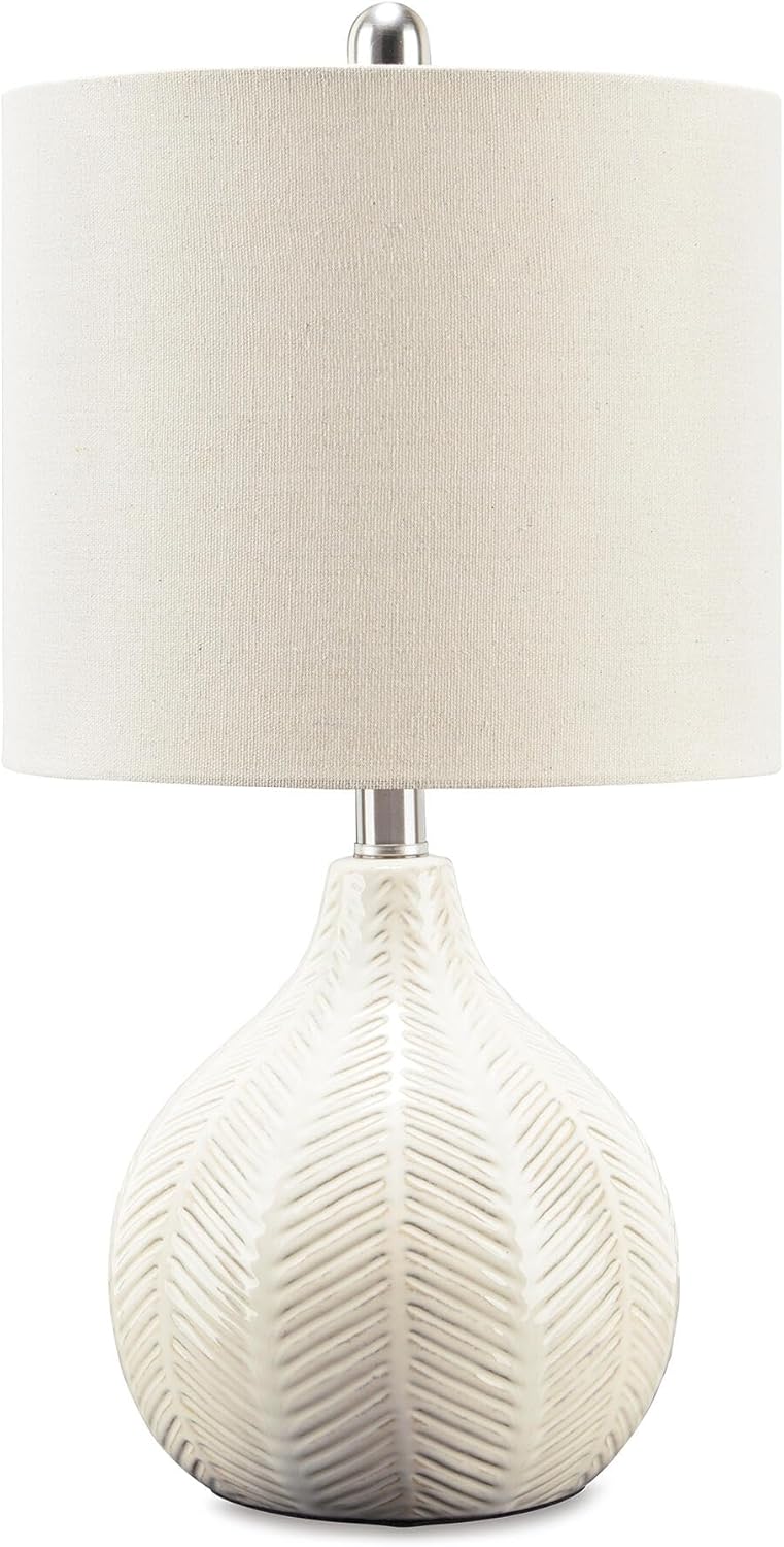 Signature Design by Ashley Rainermen Casual Ceramic Table Lamp, Transparent White Glaze Finish, Drum Hardback Fabric Shade, 11" W x 11" D x 21" H, Off White