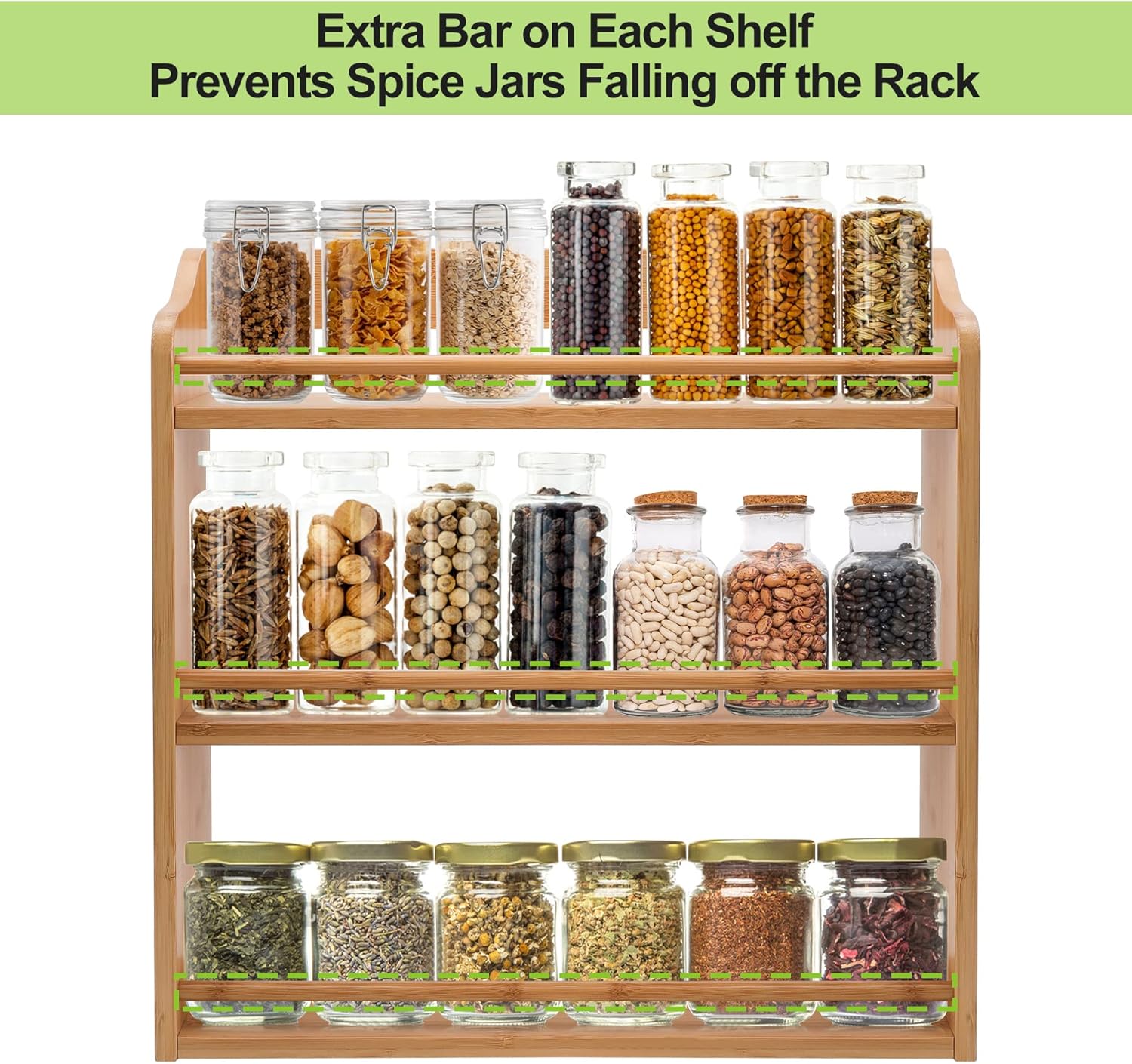 3 Tier Bamboo Spice Rack, Seasoning Jars Rack Shelf Spice Organizer for Kitchen Counter or Wall Mounting - Image 5