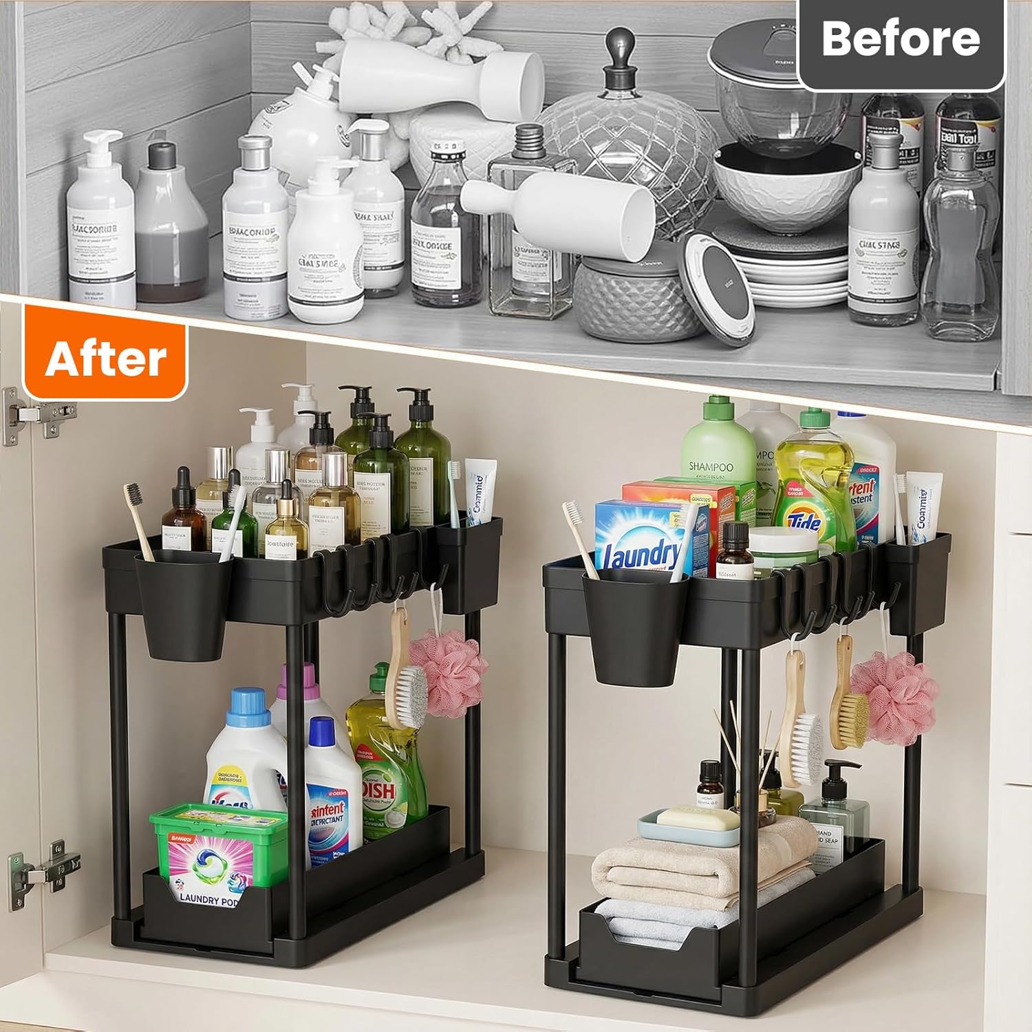 Under The Sink Organizer, 2 Tier Sliding Under Kitchen Sink Organizer, Multi-Use Pull Out Cabinet Organizer for Countertop, Bathroom, Pantry & Office Organization (Black(2 pack)) - Image 2