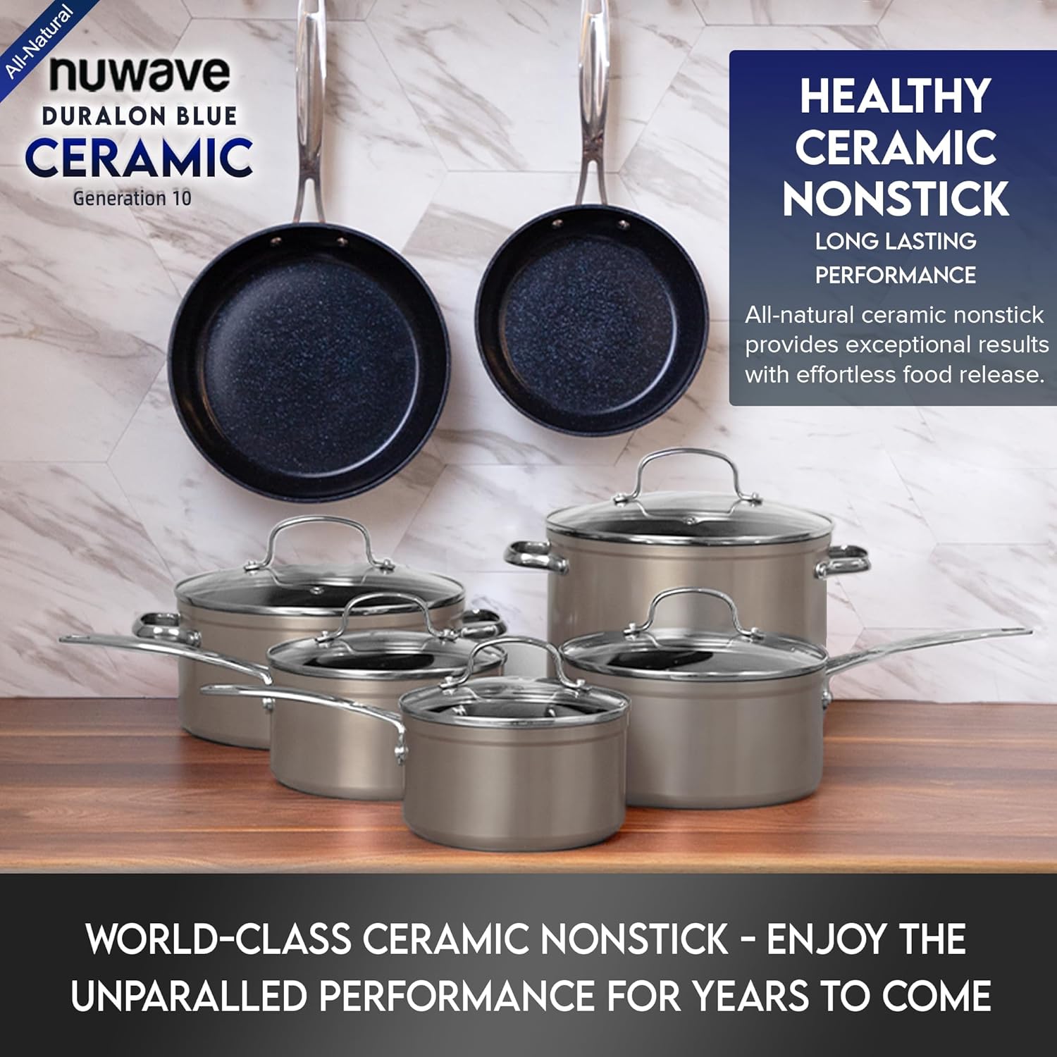 Nuwave Healthy Duralon Blue Ceramic Nonstick Cookware Set, Diamond Infused Scratch-Resistant, PFAS Free, Dishwasher & Oven Safe, Induction Ready & Evenly Heats, Tempered Glass Lids & Stay-Cool Handles - Image 8