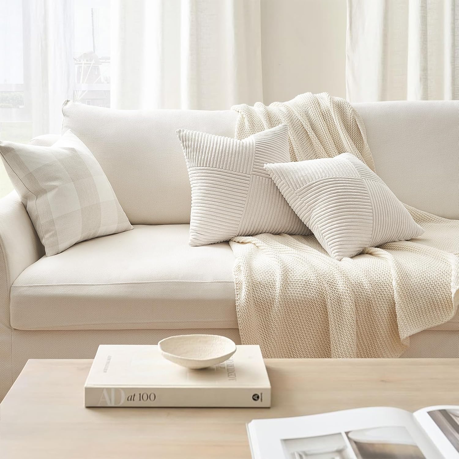 Topfinel Cream White Decorative Neutral Throw Pillow Covers 18x18 Inch for Couch Sofa Bed, Soft Corduroy Striped Patchwork Windmill Textured Square Cushion Covers Set of 2 Spring Boho Home Decor - Image 3