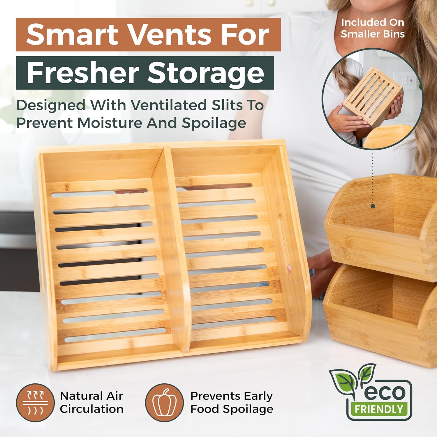 Potato and Onion Storage Bin for Pantry and Kitchen Counter - Ventilated Stackable Bamboo Organizer Baskets with Handles - Multipurpose Organization Containers for Fruit, Vegetable, Pantry - 3 Pack - Image 3
