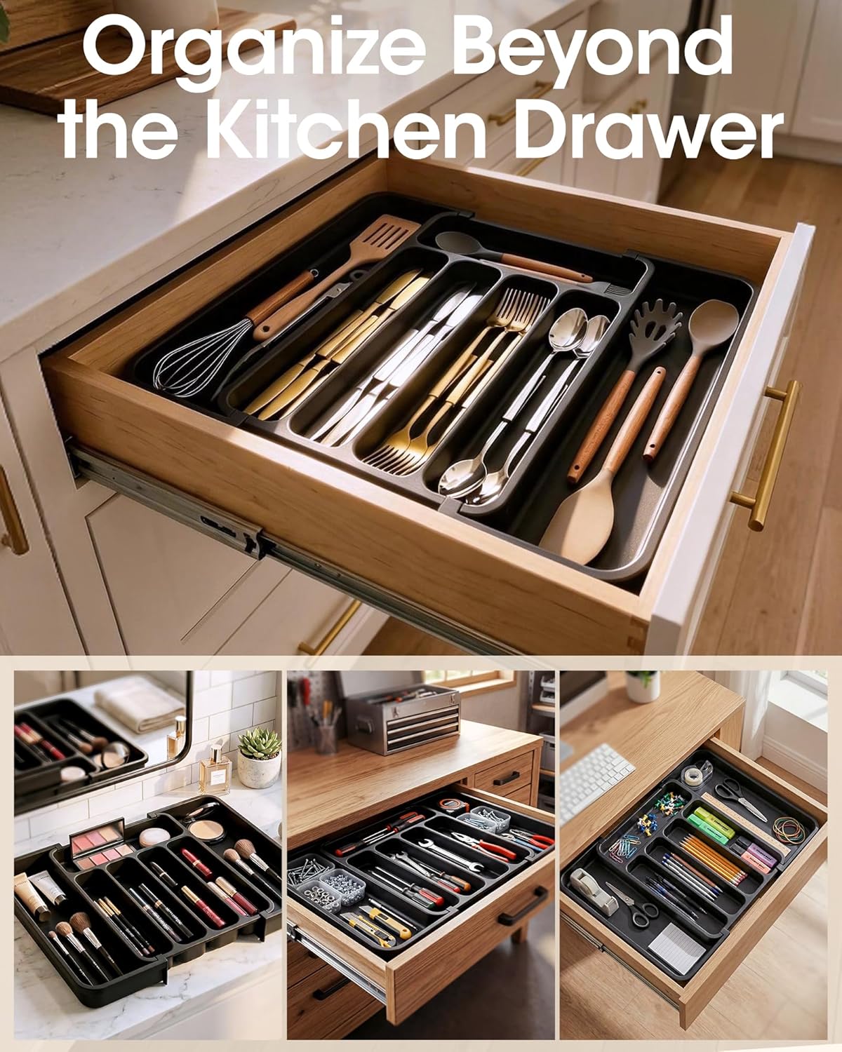 Aujen Silverware Organizer - Expandable Kitchen Drawer Organizer, Adjustable Utensil Organizer, Cutlery Tray for Forks, Knives, Multipurpose Kitchen Organizers and Storage Solution, Black, Medium - Image 8