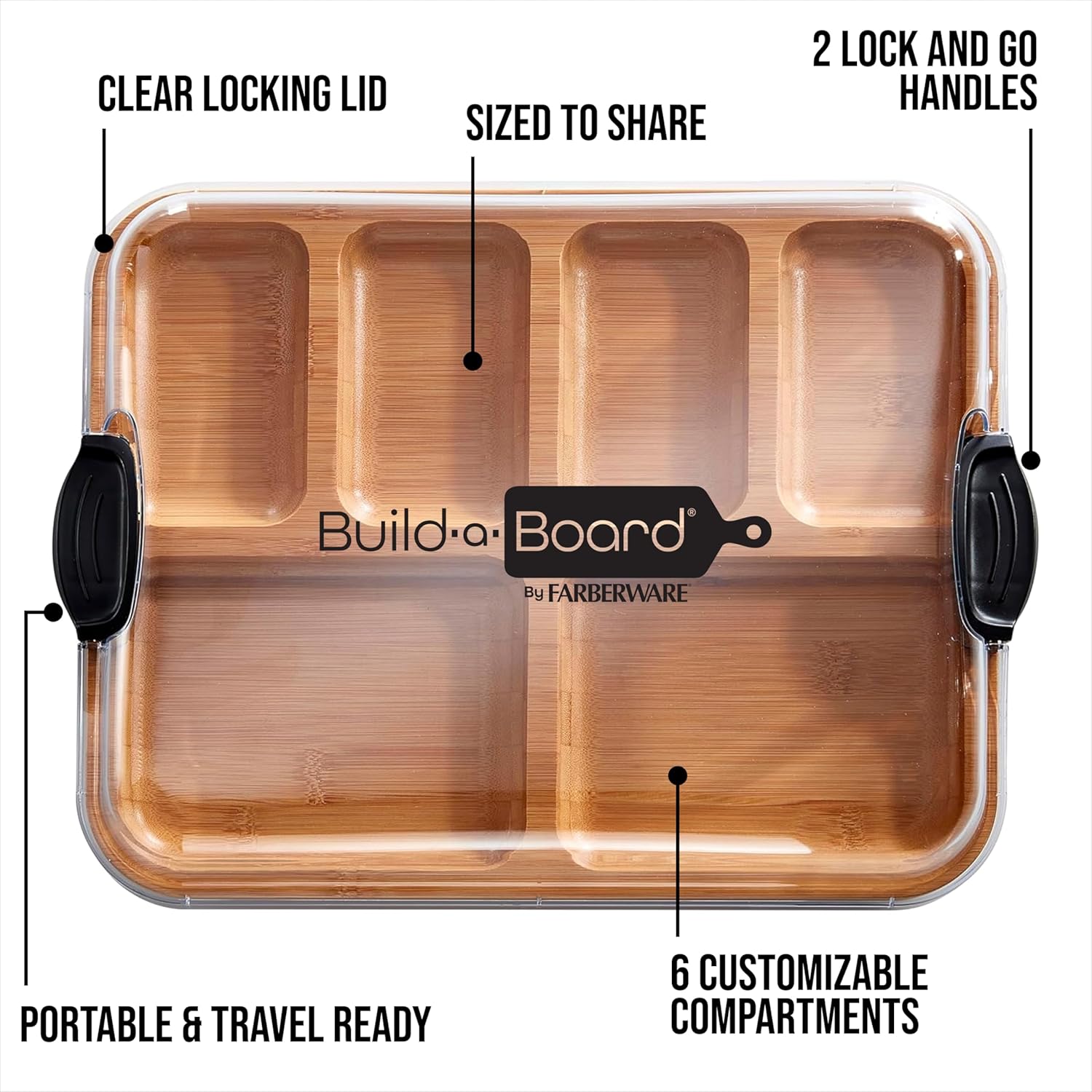Farberware Build-A-Board Bamboo Cutting Board with Built-In Compartments & Clear Locking Lid, Black Handles, Charcuterie, Snack Tray, Food Prep and Serving Platter - Image 6