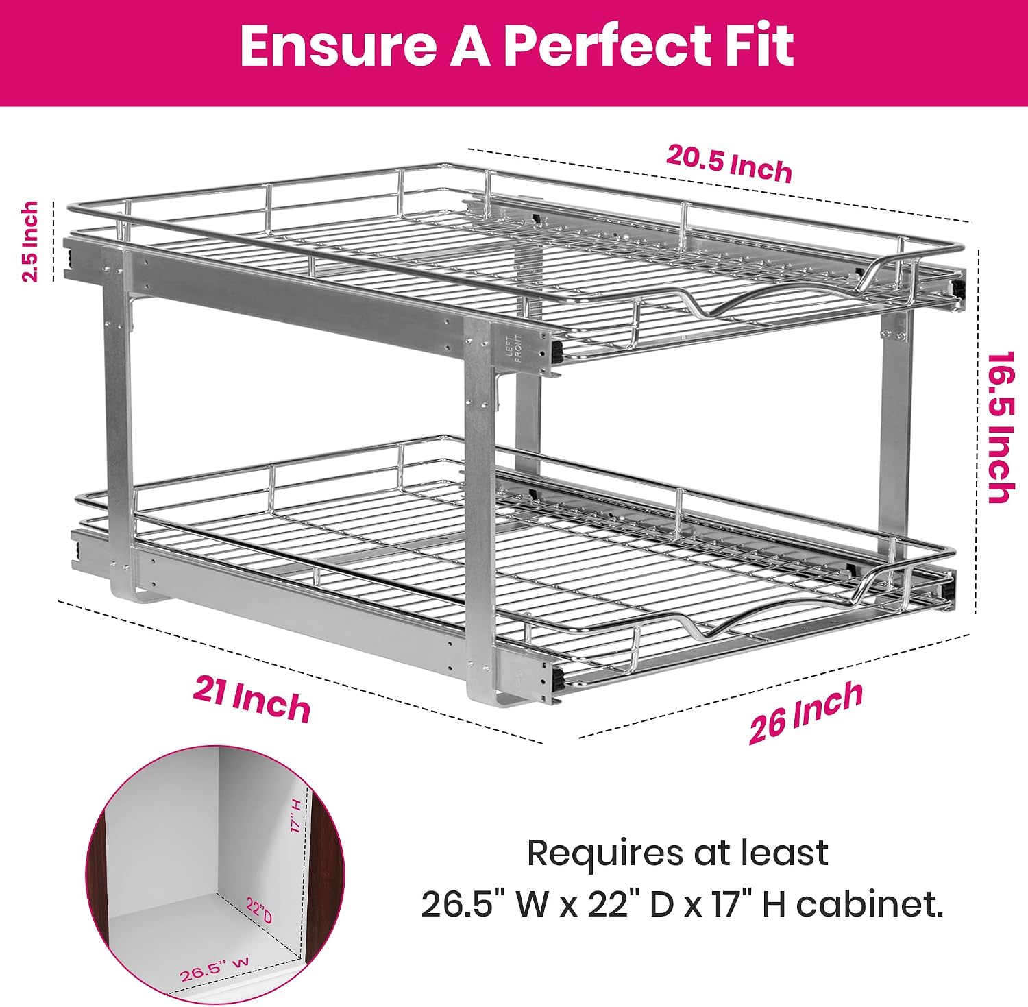 2-Tier Pull-Out Cabinet Organizer with Heavy-Duty Steel Frame, Full-Extension Sliding Shelves, Holds 100 lbs, Easy Install for Kitchen, Pantry & Under Sink Cabinets, 26" W x 21”D x 16.5" H - Image 3