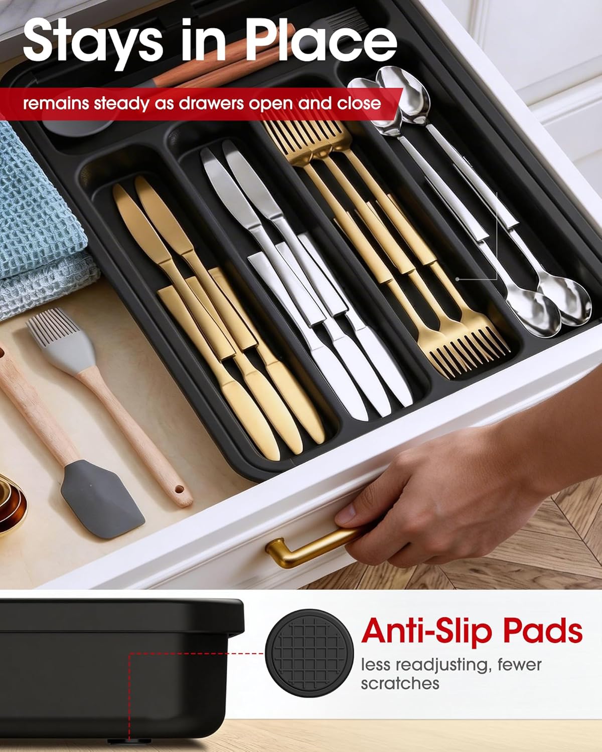 Aujen Silverware Organizer - Expandable Kitchen Drawer Organizer, Adjustable Utensil Organizer, Cutlery Tray for Forks, Knives, Multipurpose Kitchen Organizers and Storage Solution, Black, Medium - Image 7