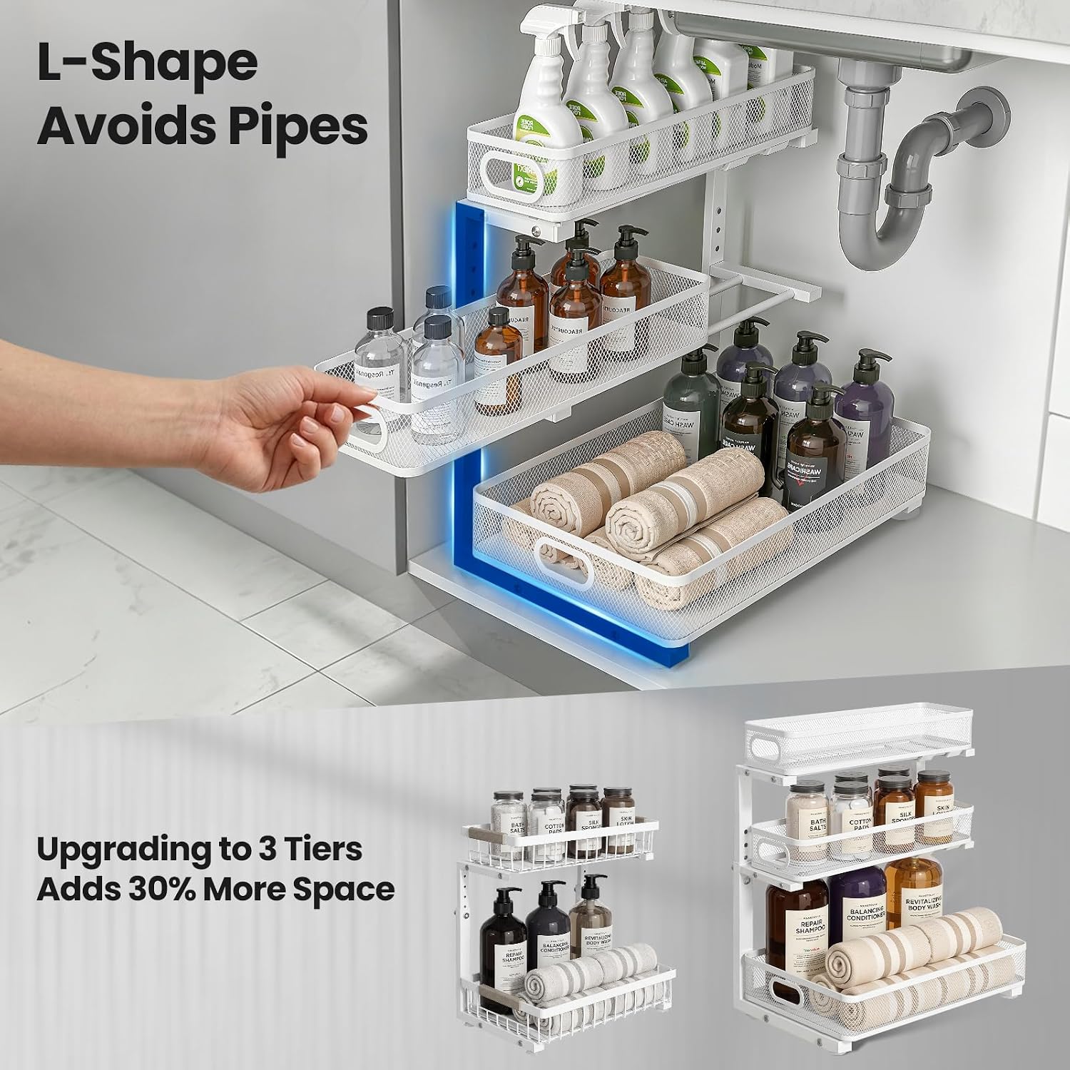 Under Sink Organizer, 3-Tier Pull Out Cabinet Organizer with Drawer Stops, Height Adjustable Slide Out Storage Rack for Kitchen Bathroom Pantry Laundry Room Organization, 2 Pack - Image 2