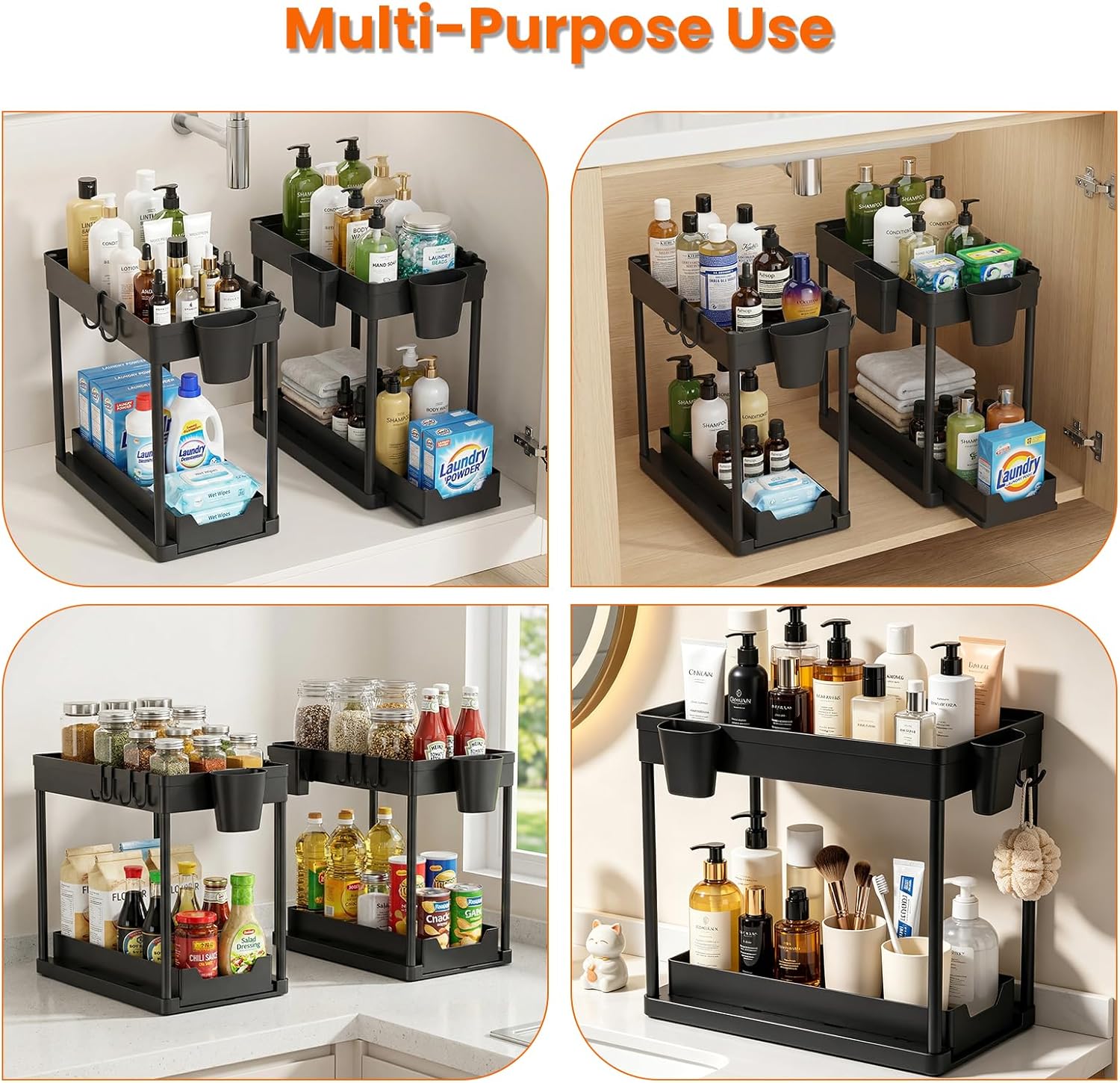 Under The Sink Organizer, 2 Tier Sliding Under Kitchen Sink Organizer, Multi-Use Pull Out Cabinet Organizer for Countertop, Bathroom, Pantry & Office Organization (Black(2 pack)) - Image 7