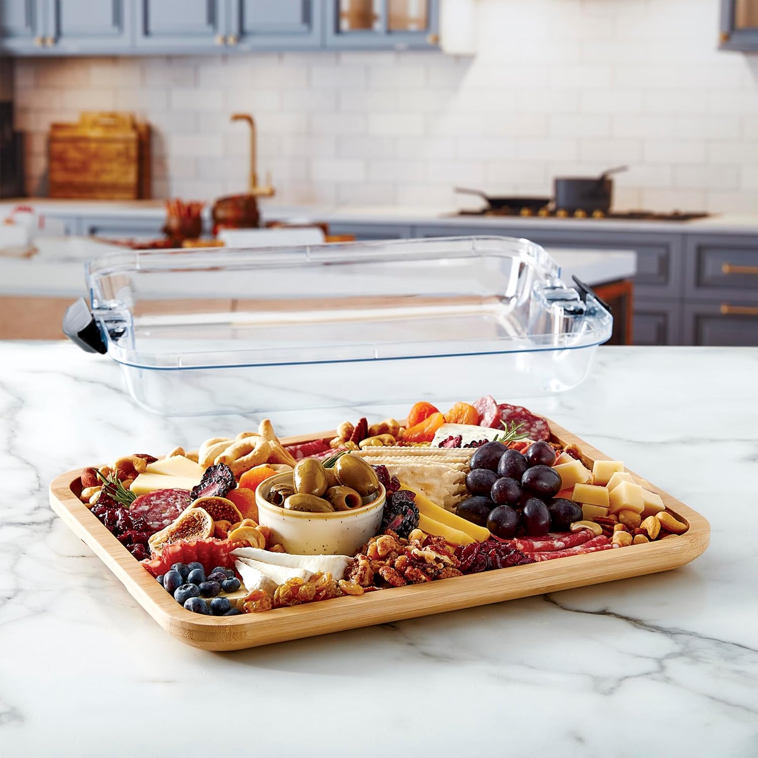Farberware Build-A-Board Bamboo Cutting Board with Single Storage Compartment, Clear Locking Lid, Black Handles, Perfect for Charcuterie & Snacks - Image 5